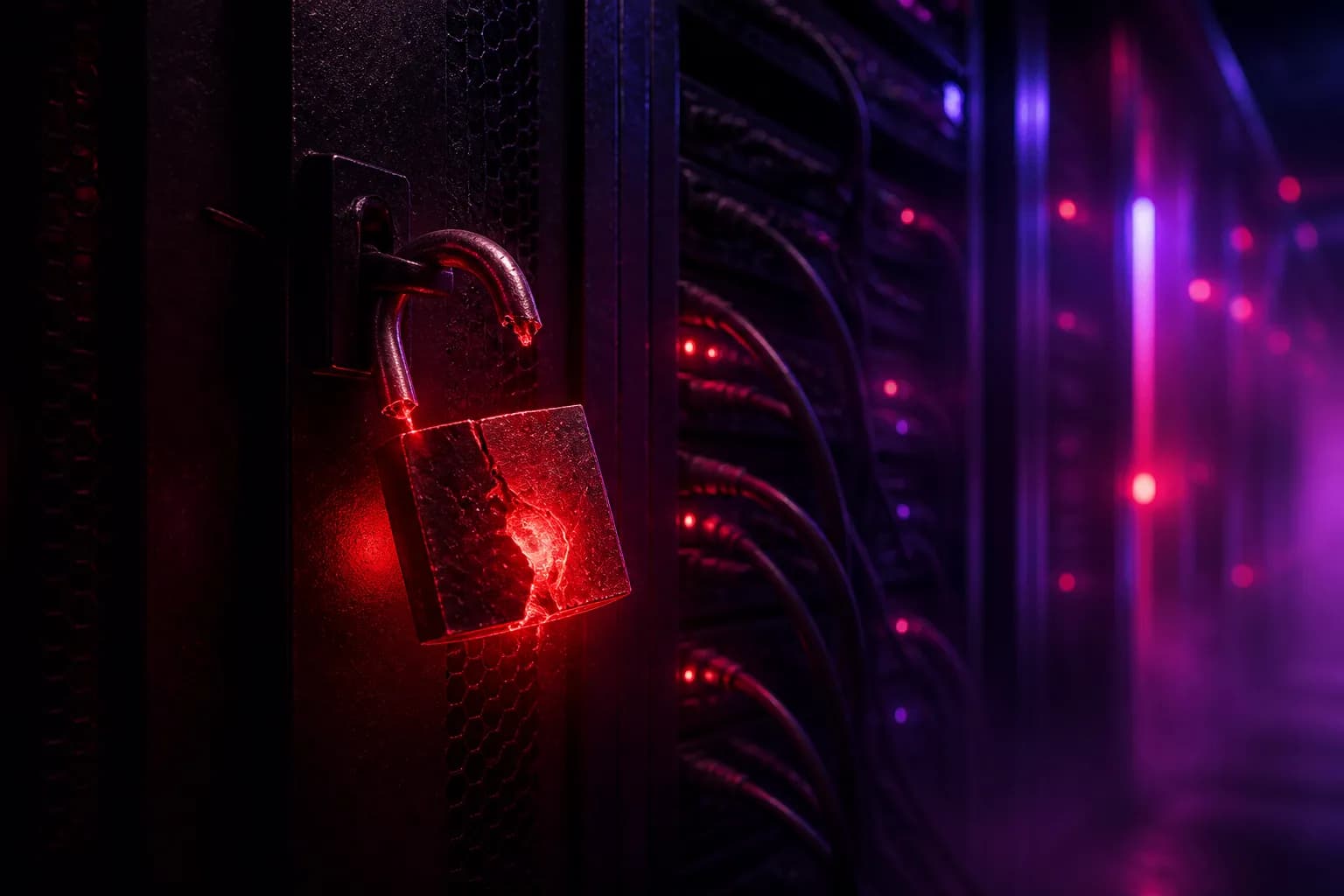 A broken padlock glowing red on a dark server rack in neon haze, the 2022 GTA 6 breach.