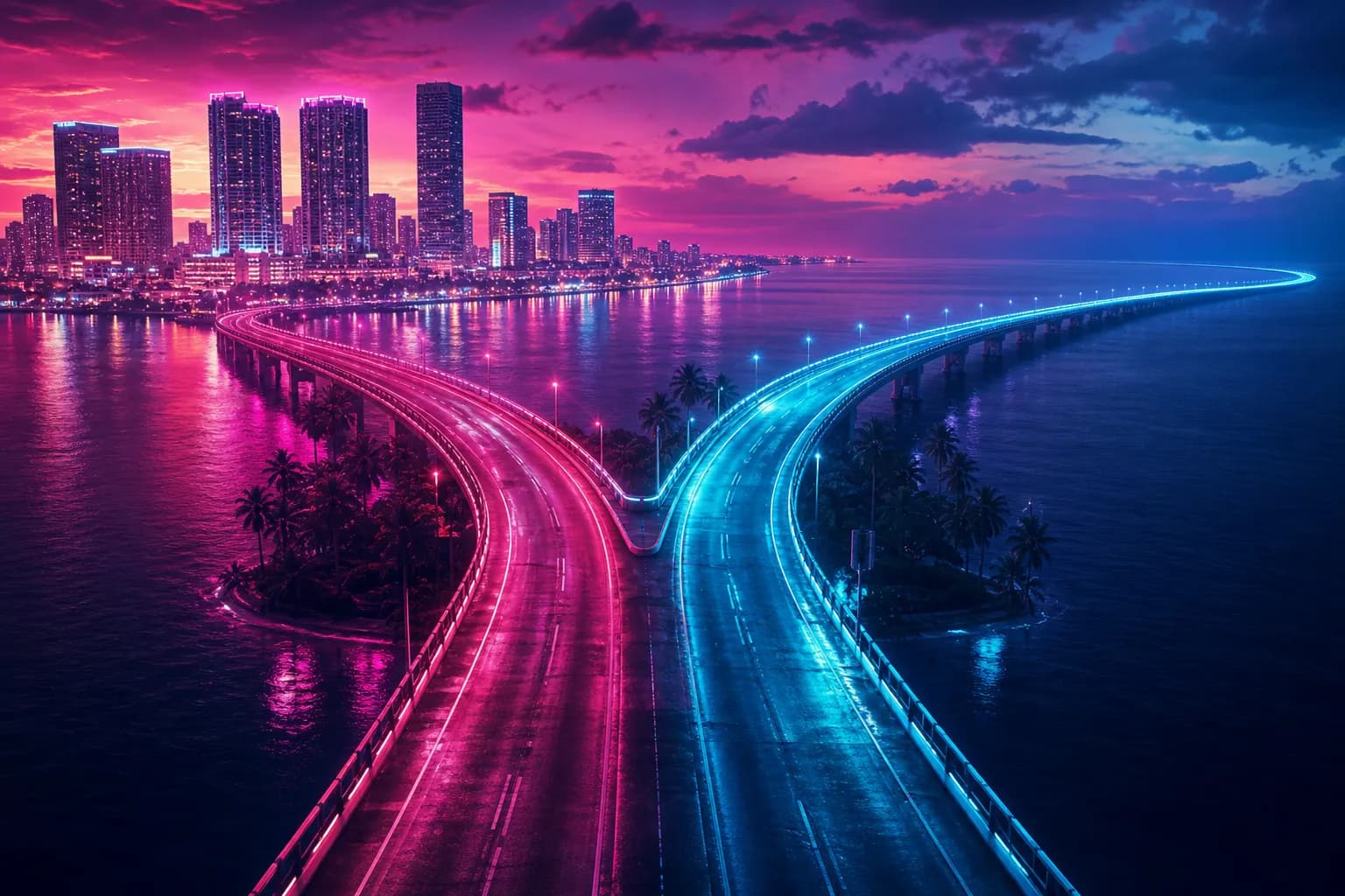 A neon highway forking into two glowing directions over Vice City water at dusk, representing GTA 6's 2026 console and later PC paths.