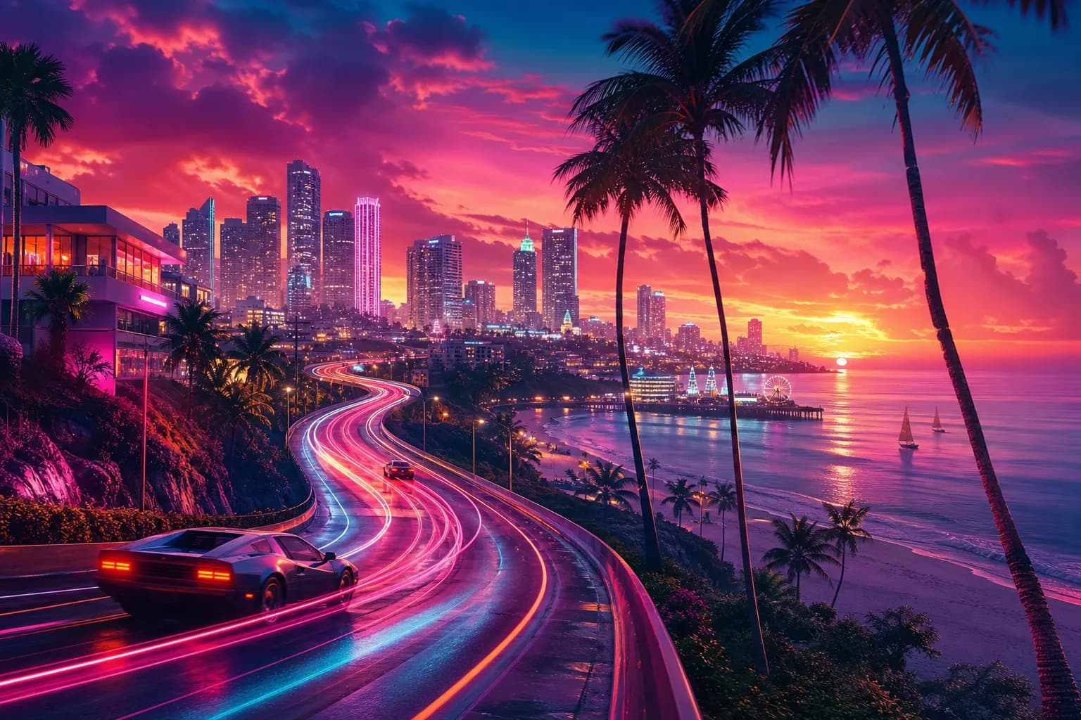 A winding neon highway stretching toward a glowing Vice City skyline at dusk, tracing GTA 6's road to launch.