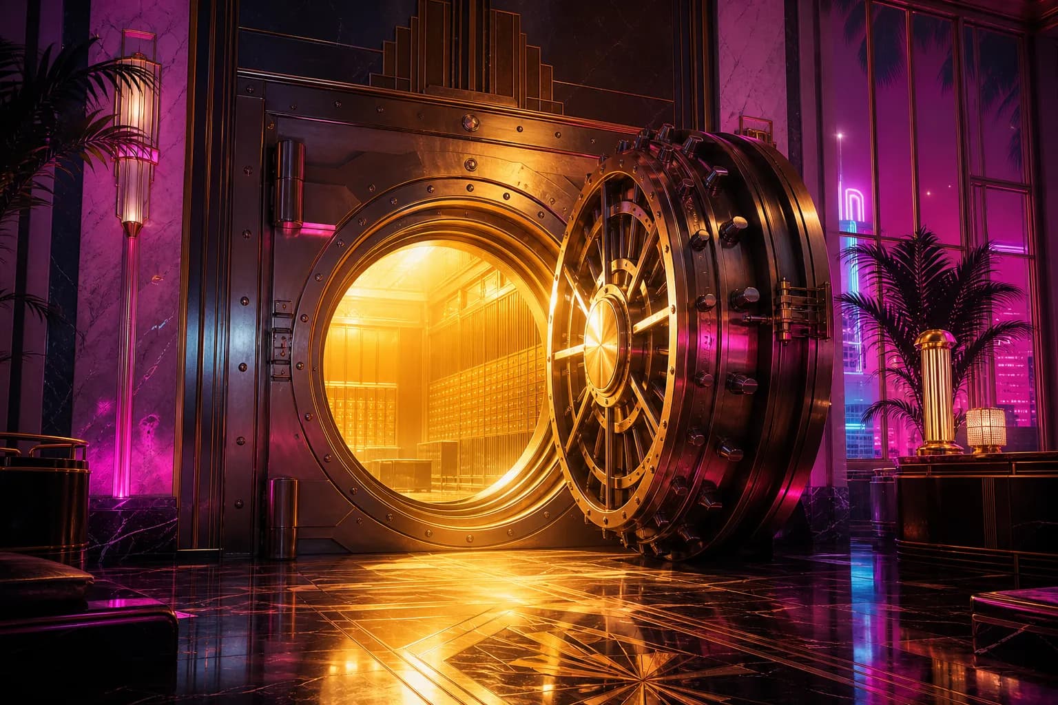 A massive vault door opening onto glowing gold light in a neon Vice City bank, the GTA 6 budget.