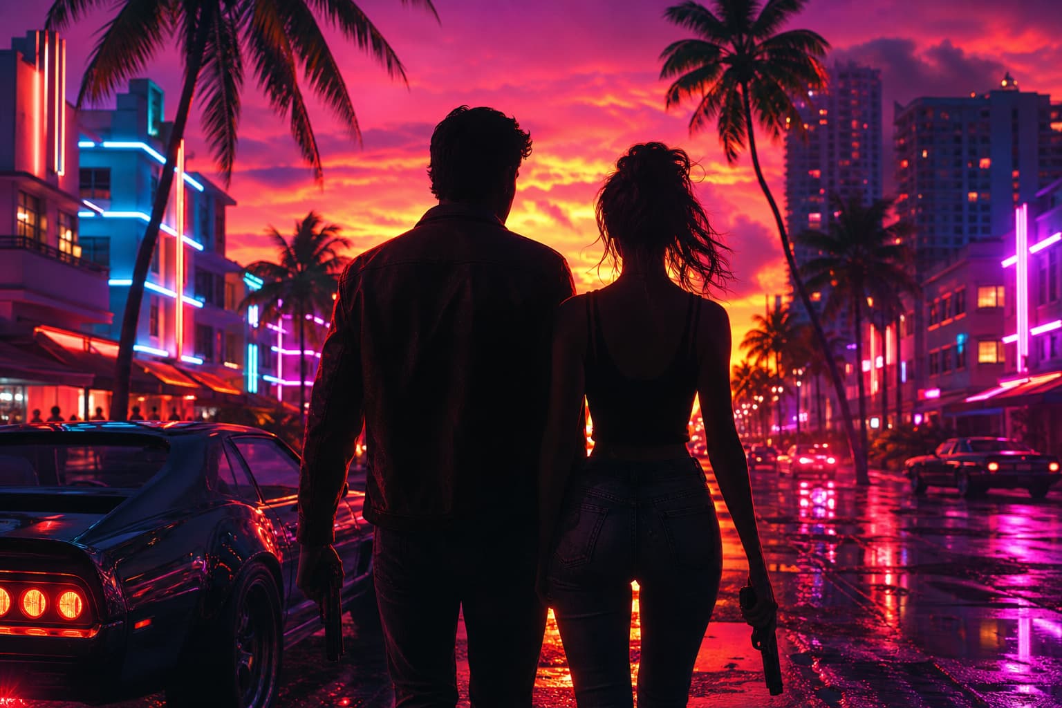 Two silhouetted outlaw figures on a neon Vice City street, representing GTA 6's protagonists Jason and Lucia.