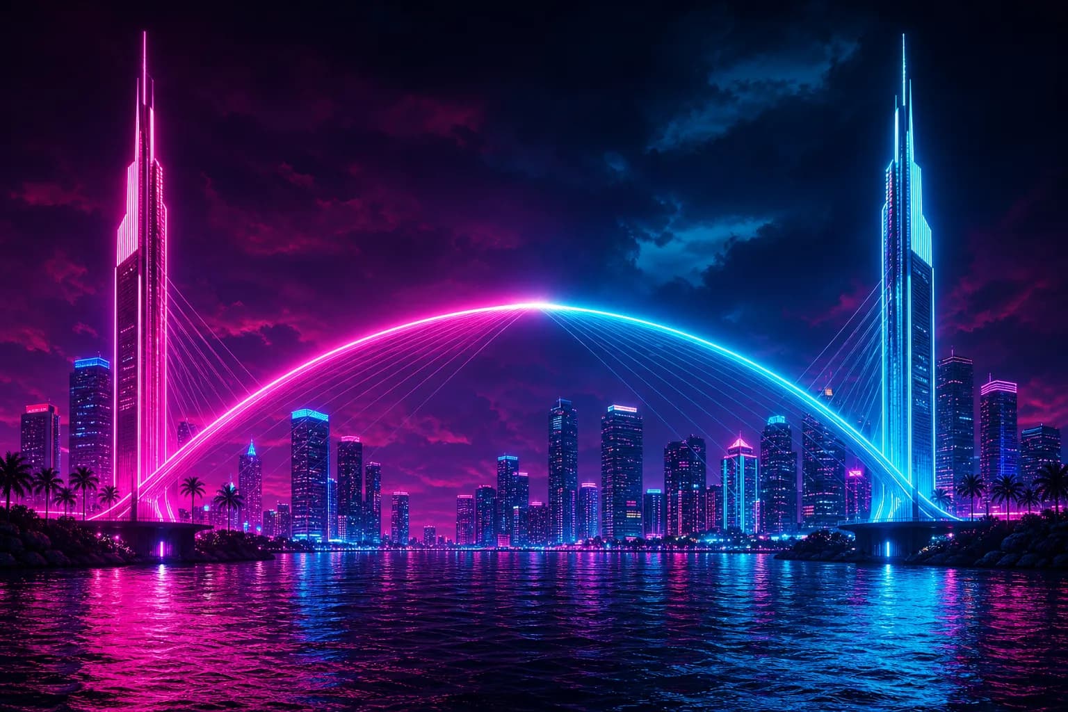 Two neon light bridges arcing from separate towers and meeting over Vice City water at night, symbolizing GTA 6 crossplay.
