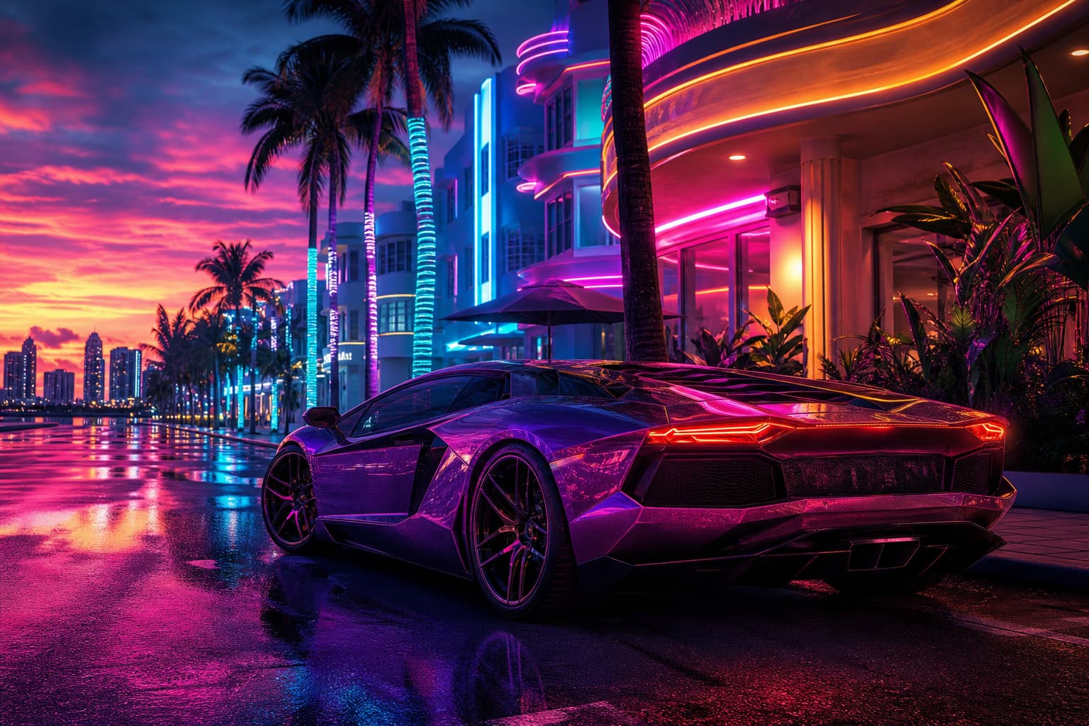 A premium supercar on a neon Vice City boulevard, representing the GTA 6 Ultimate Edition.