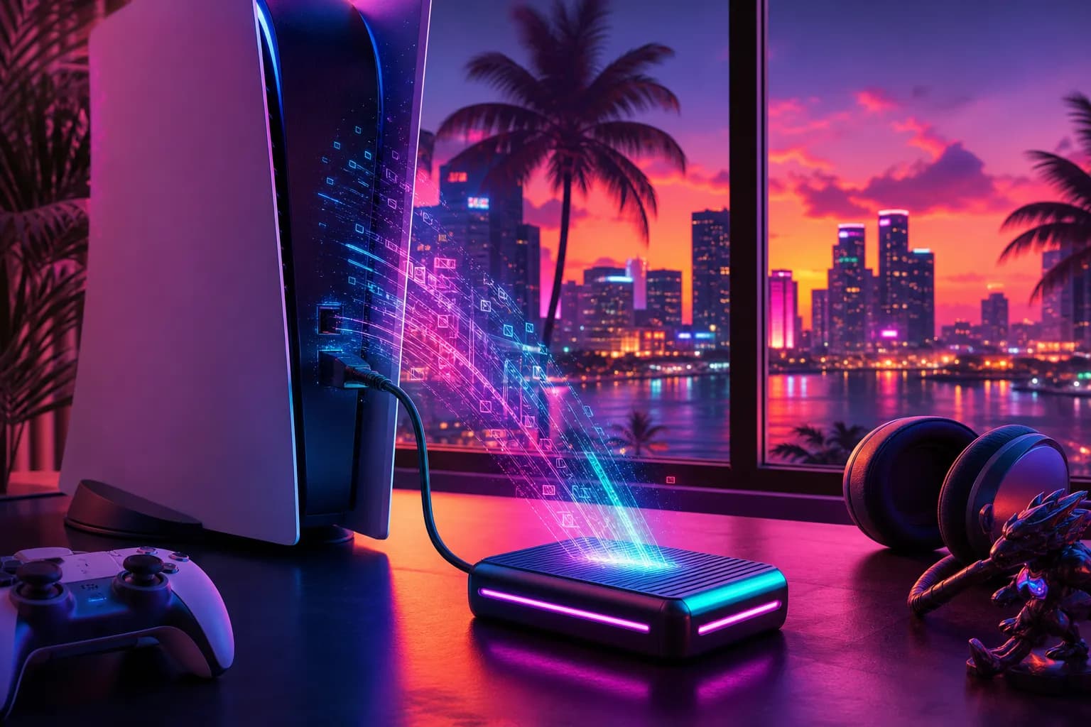 A game console and glowing external SSD on a desk overlooking a neon Vice City skyline, representing GTA 6's massive download size.