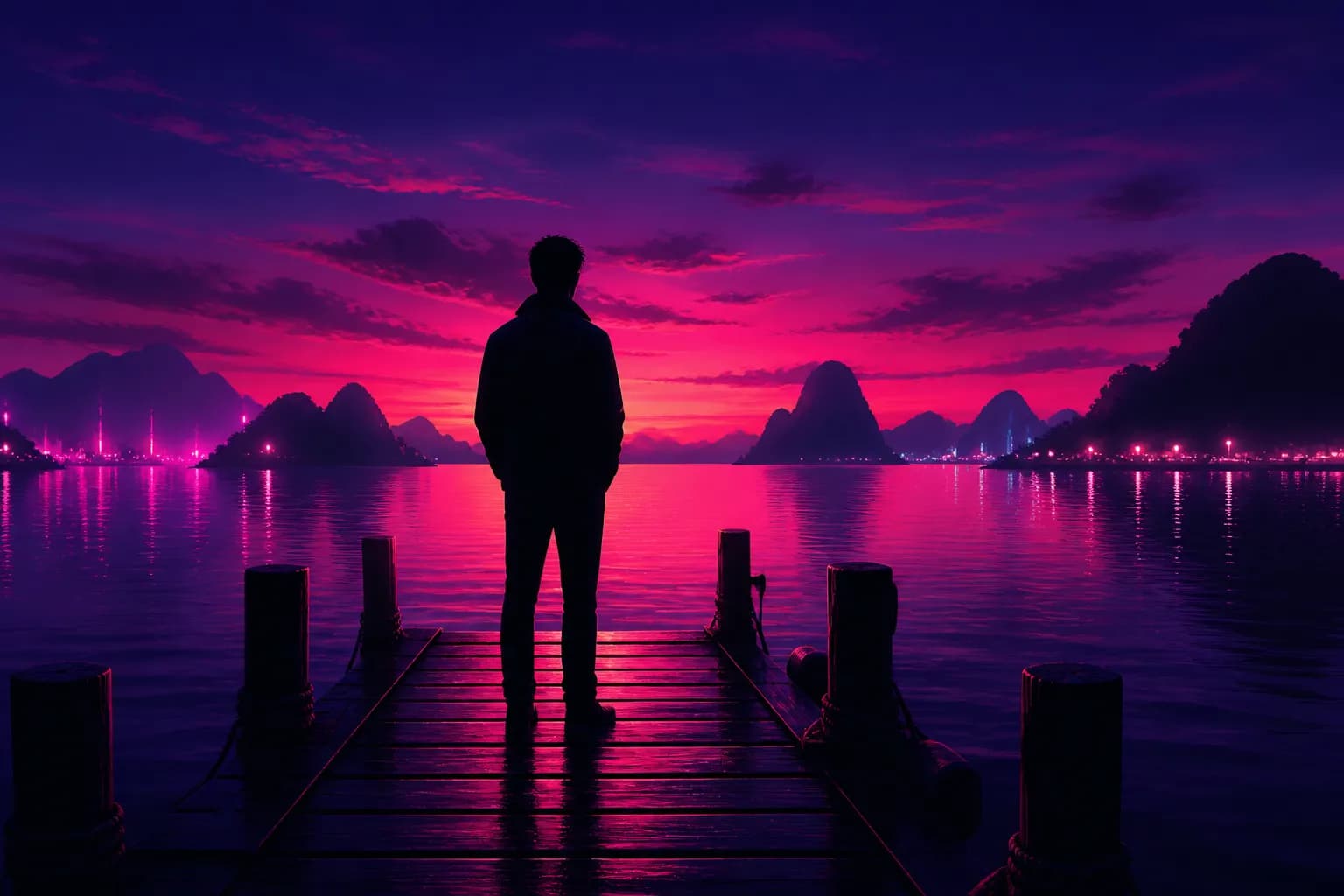 A silhouetted man on a boat dock at dusk with neon keys islands behind him, evoking GTA 6's Jason.
