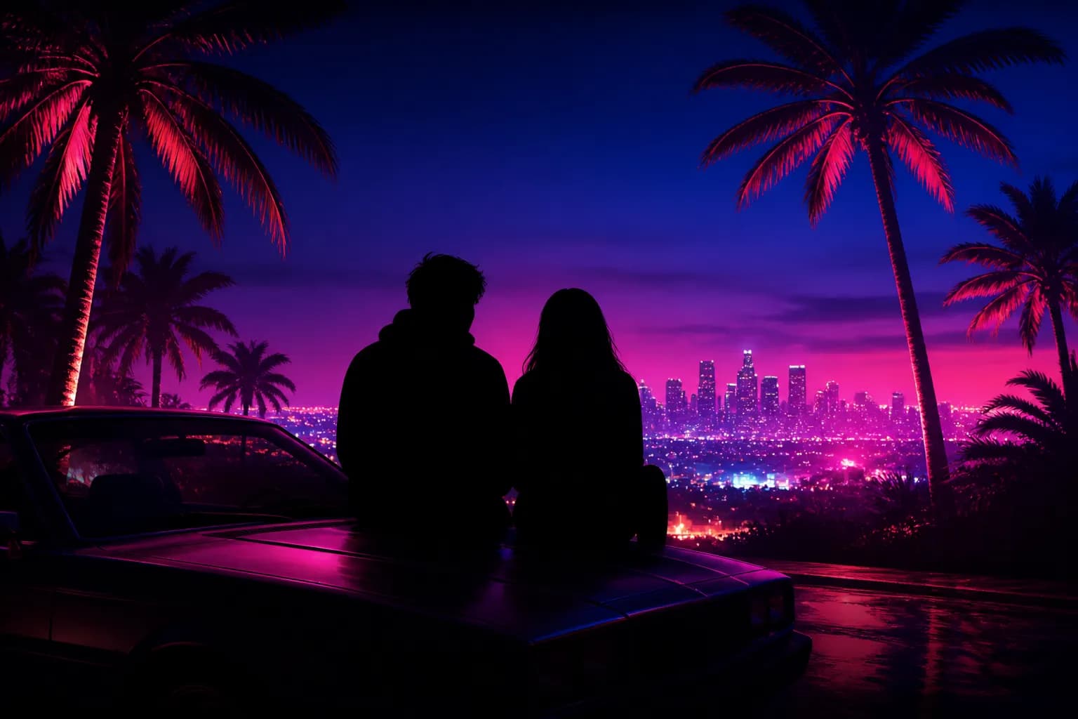 Two silhouetted figures sitting on a car hood under neon palms at night, the partnership at GTA 6's center.