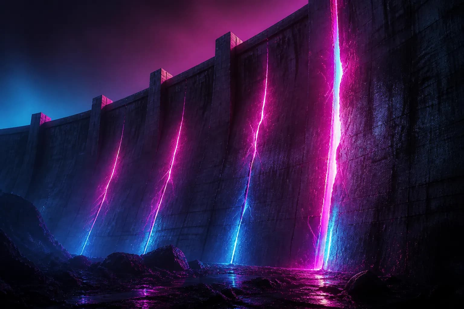 Light leaking through cracks in a dark dam wall in neon magenta, the GTA 6 leak landscape.