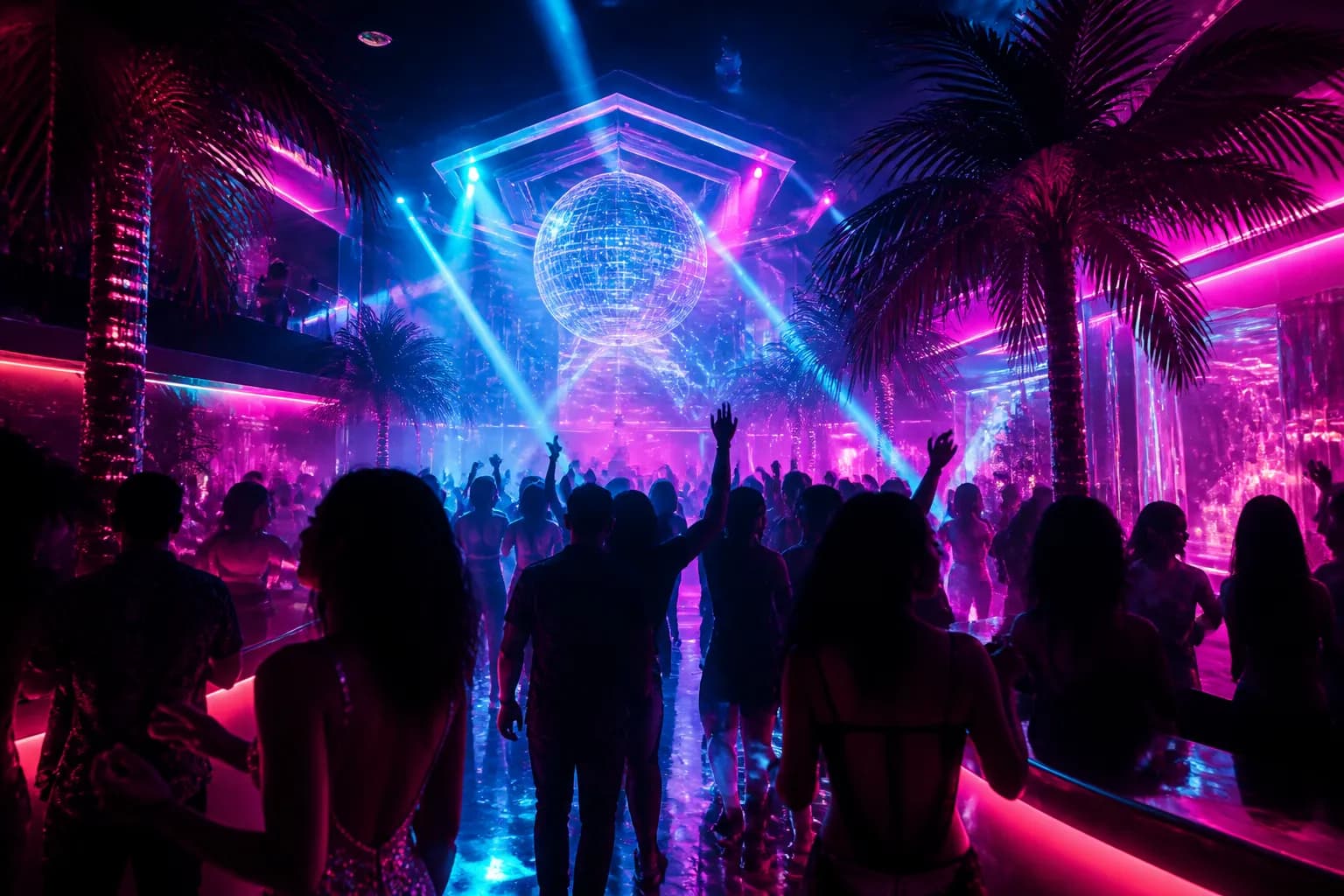 A neon-lit Vice City nightclub interior glowing with dancers' silhouettes and holographic lights, the feature set of GTA 6 Online.