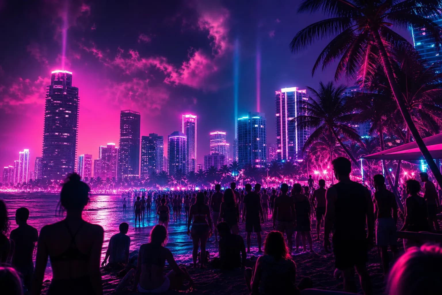 A crowd of neon-lit silhouettes gathering on a Vice City beach at night under glowing towers, the world of GTA 6 Online.
