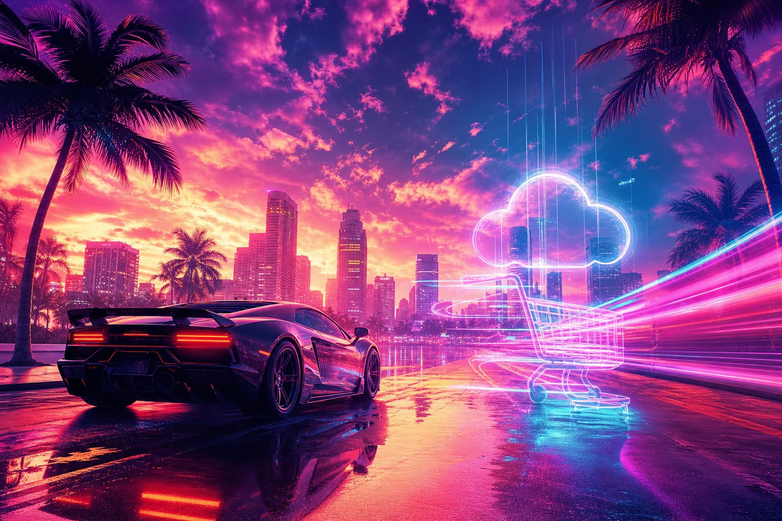 A sports car and a glowing neon shopping cart on a Vice City boulevard at sunset, representing GTA 6 pre-orders.