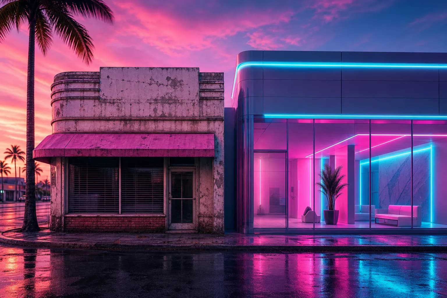 A vintage storefront and a modern neon storefront side by side on a Vice City street, old and new game prices compared.