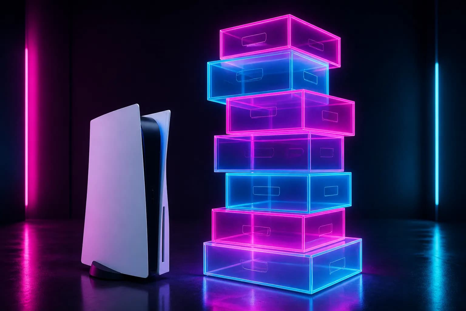 A white console beside a tower of glowing storage blocks stacking upward in neon light, GTA 6's PS5 install looming.