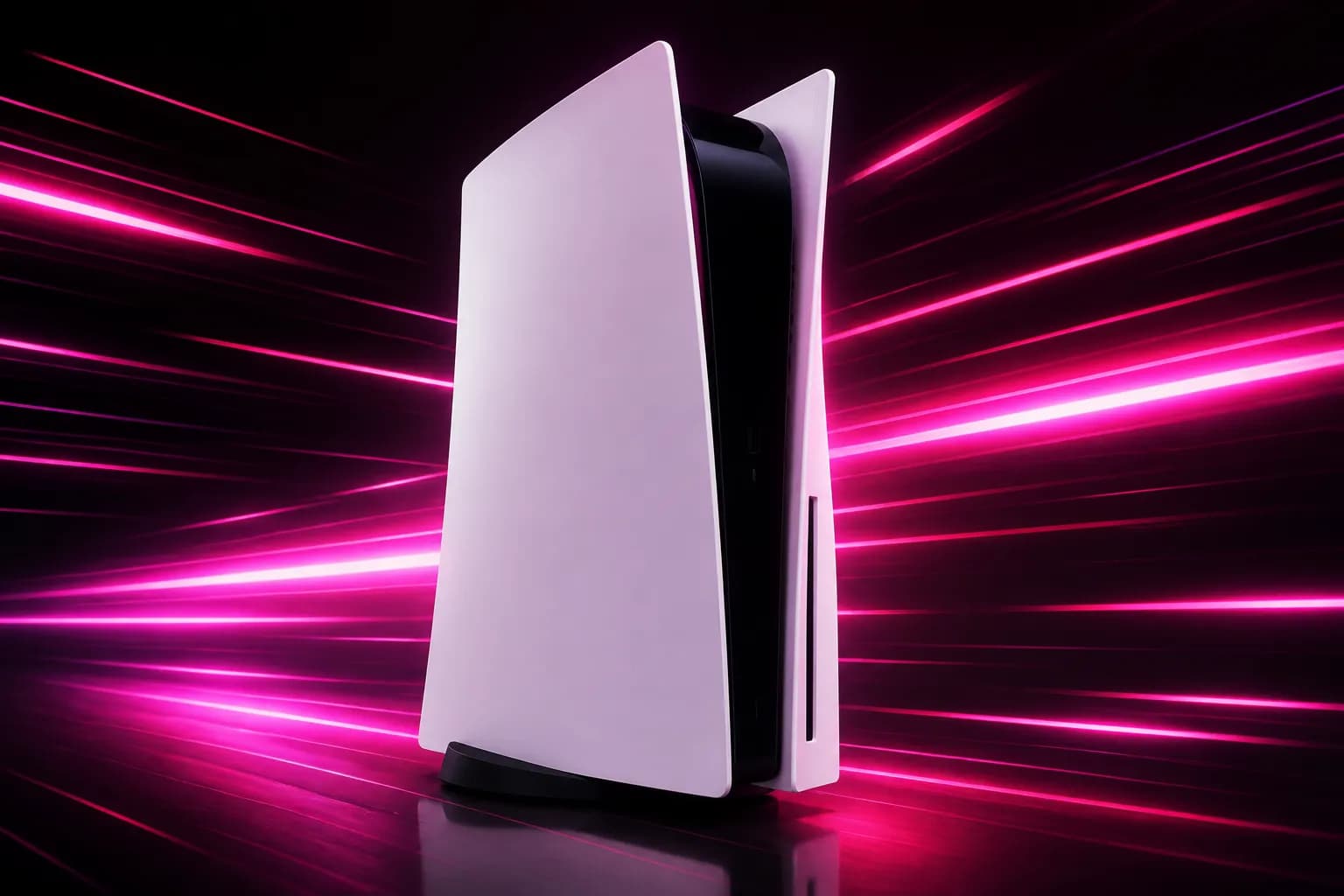 A sleek white console streaked with neon speed lines against a dark magenta backdrop, the PS5 frame-rate question.