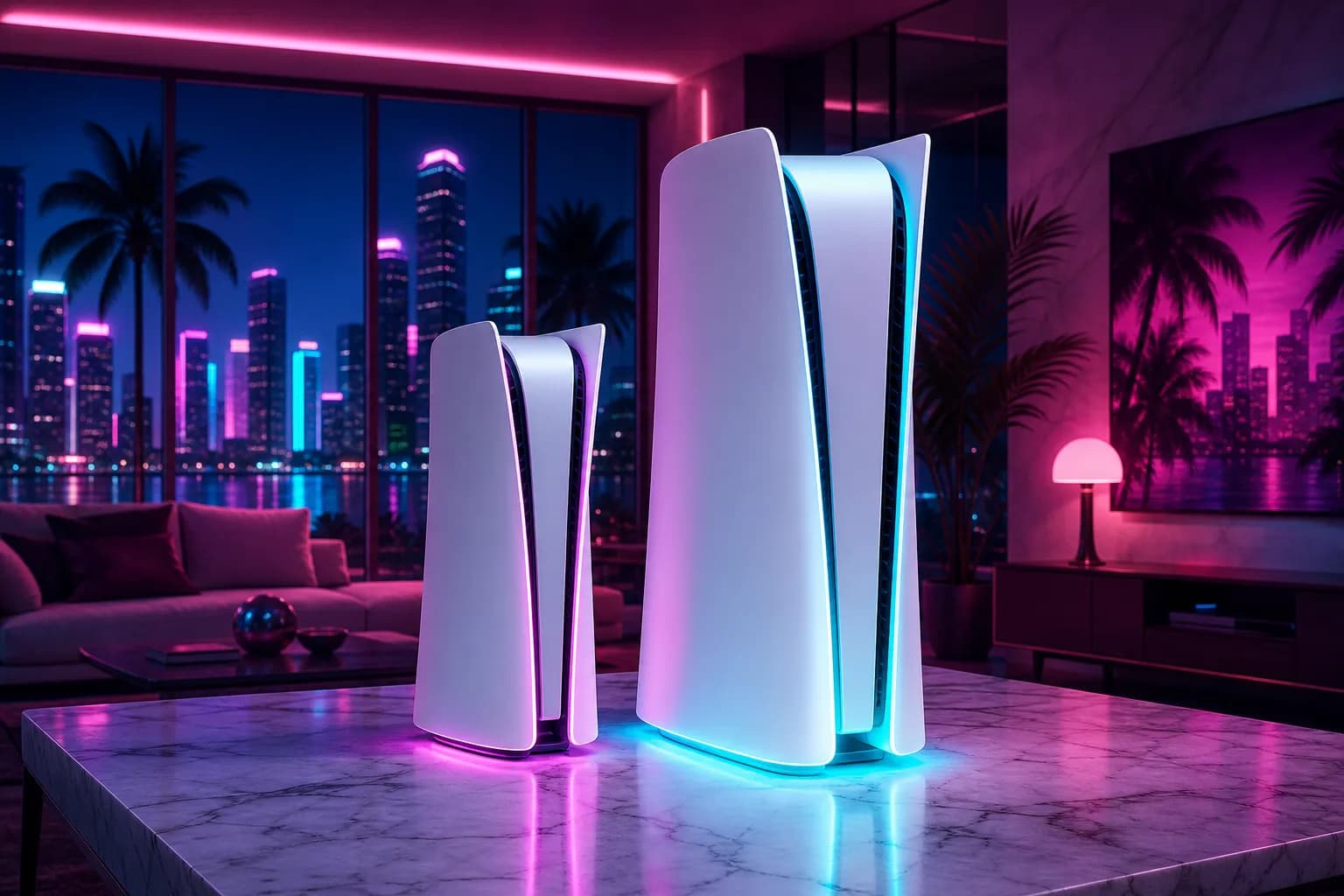Two sleek white consoles side by side under magenta and cyan neon, the larger one glowing brighter, evoking GTA 6 on PS5 Pro.