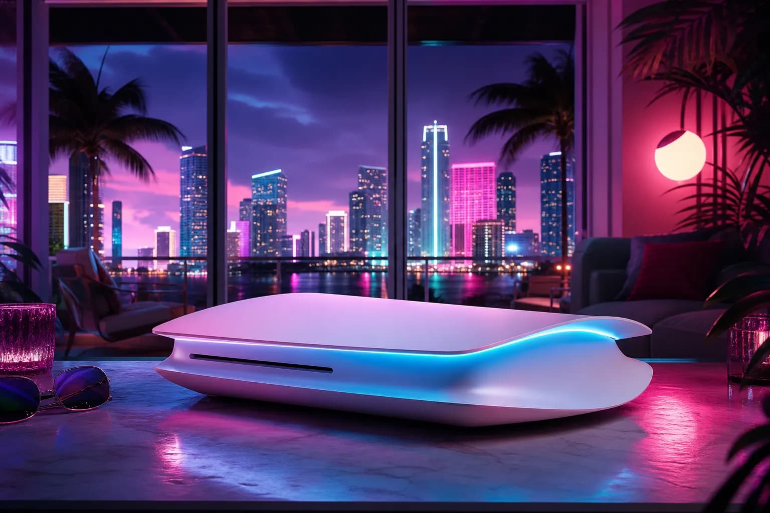 A sleek white game console glowing under magenta and cyan neon in a Vice City apartment, marking GTA 6's PS5 launch.