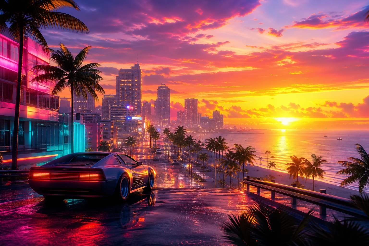 A Vice City–inspired skyline at sunrise, evoking the launch of GTA 6.