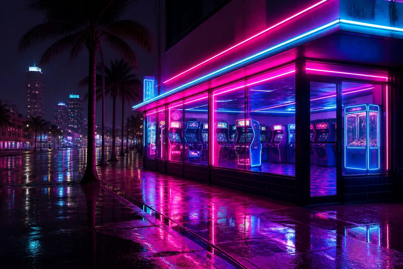 A neon arcade storefront glowing on a rainy Vice City street at night, evoking the wait for GTA 6 on PC storefronts.