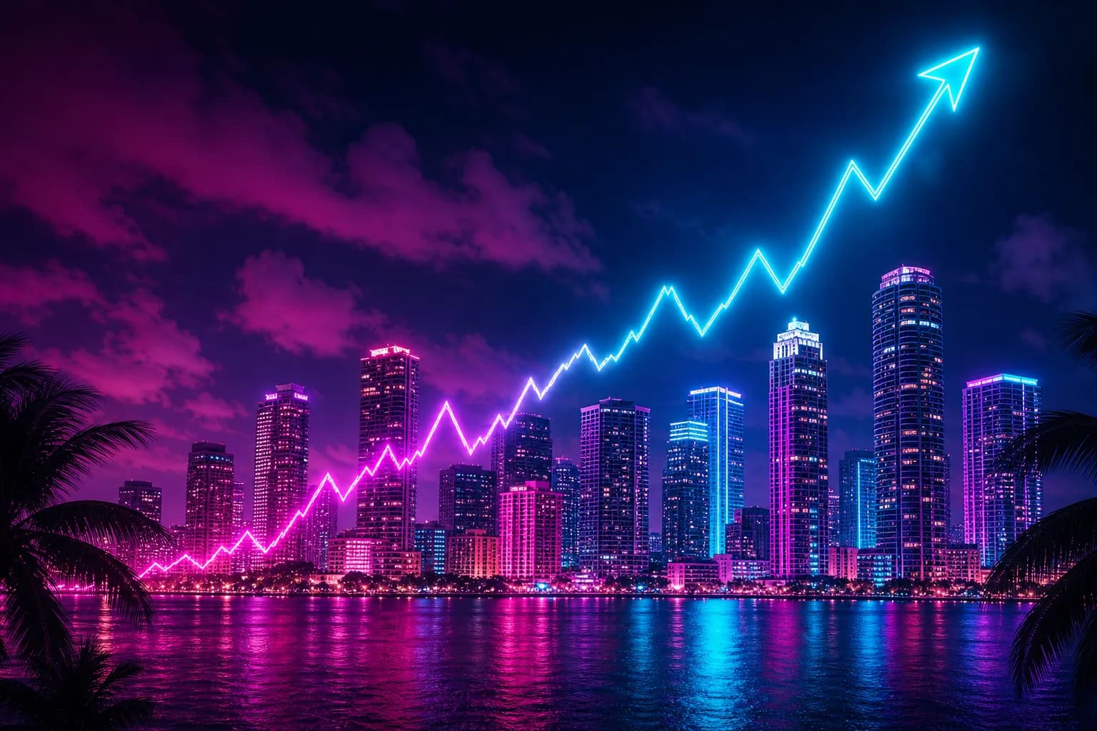 A glowing neon line chart rising over a Vice City skyline at night, the market story around GTA 6.