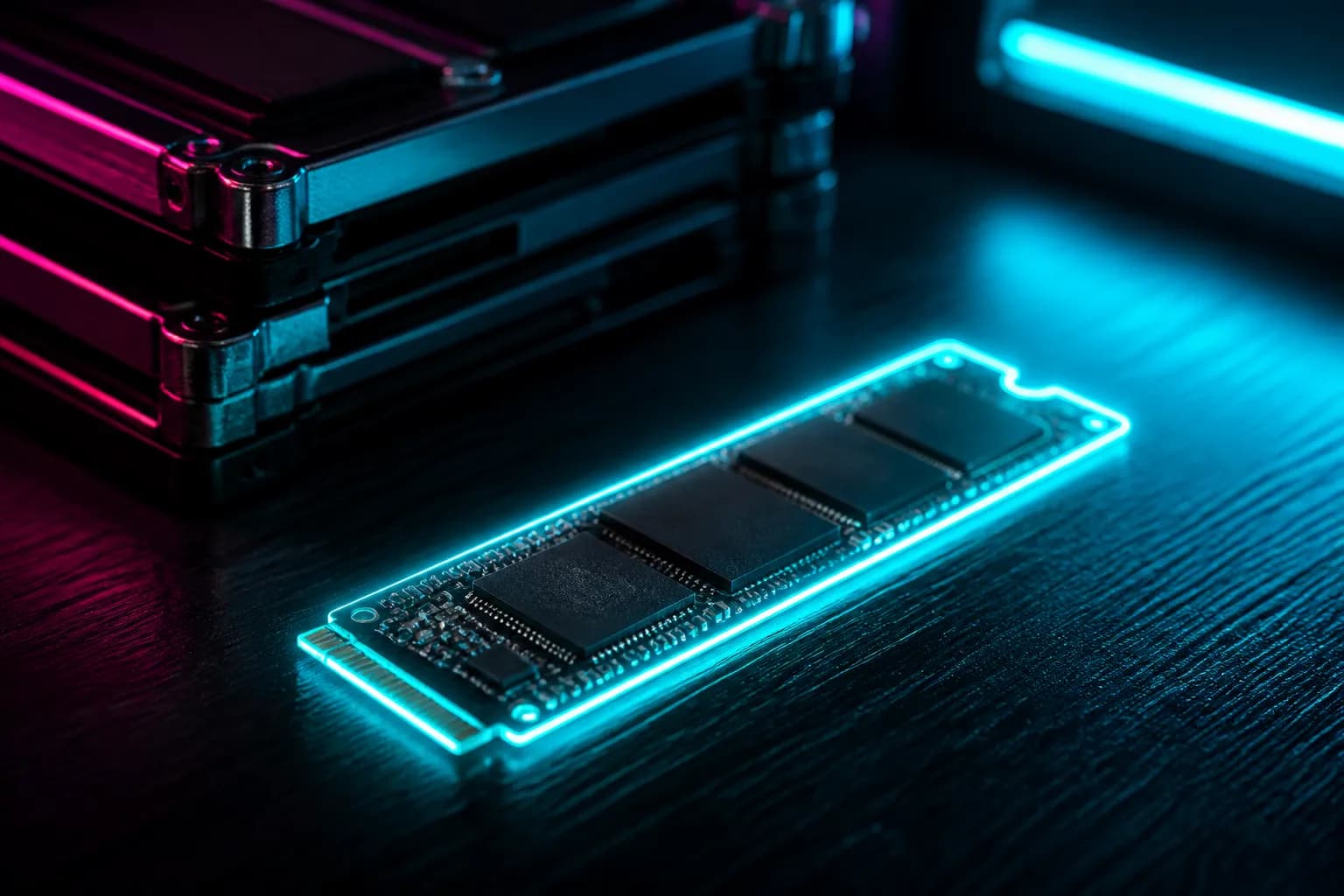 A small SSD stick glowing on a desk beside stacked drive modules under cyan neon, storage ready for GTA 6.