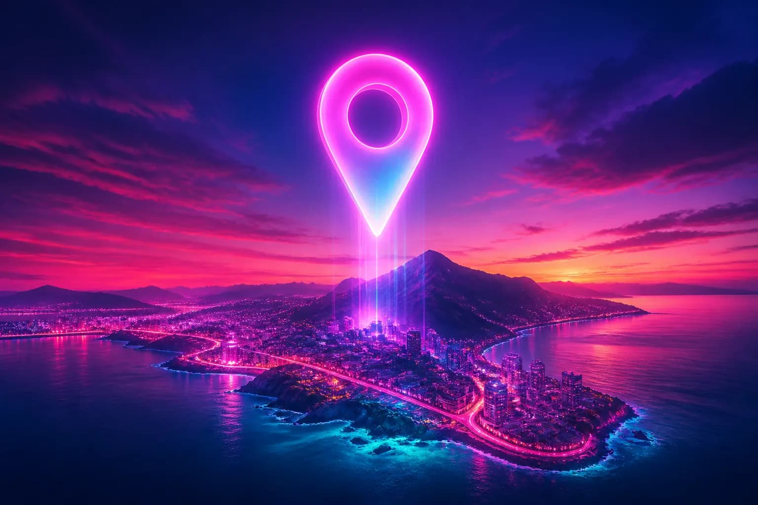 A glowing map pin hovering over a neon coastal state at dusk, marking where GTA 6 takes place.