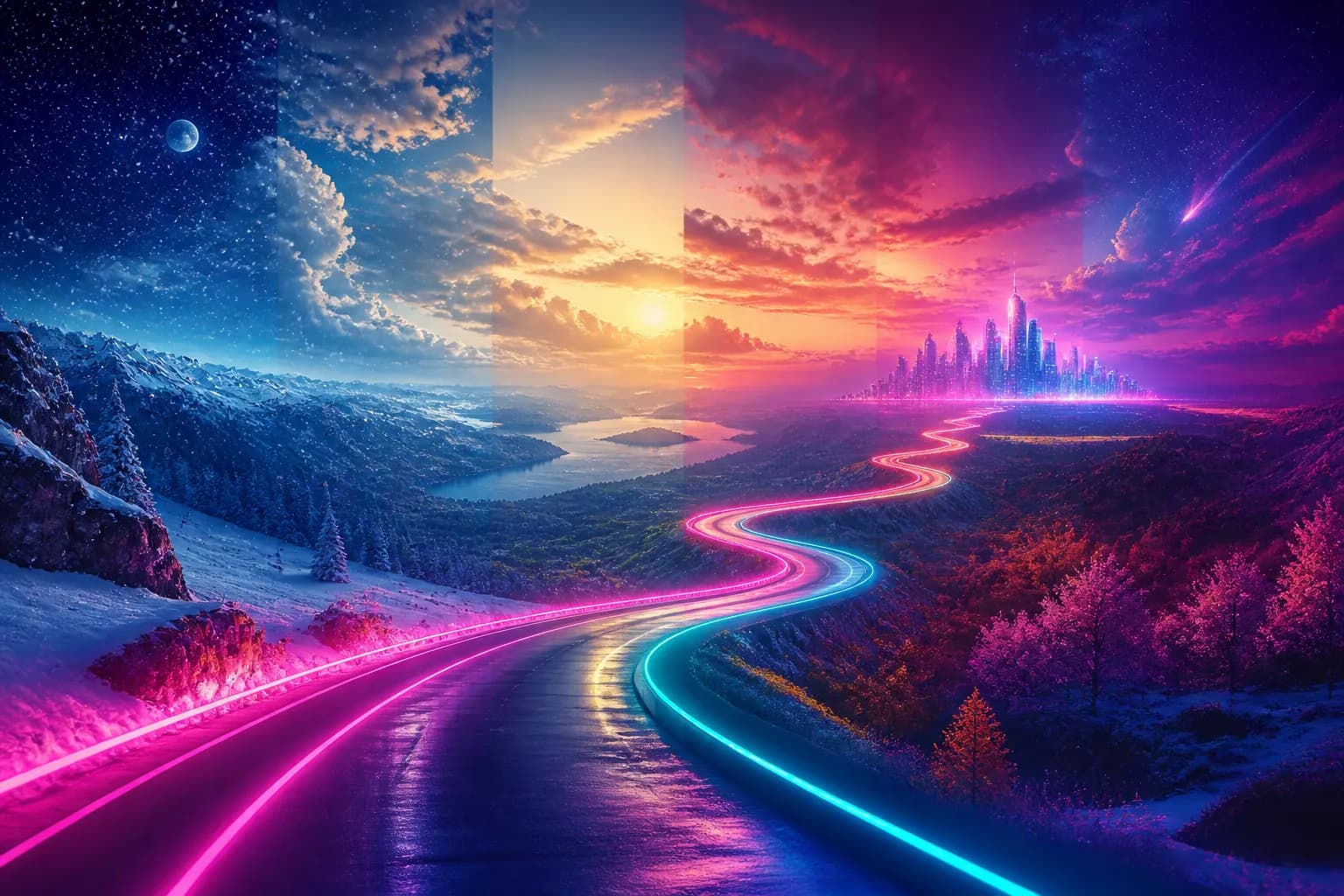 A long winding neon road stretching through years of changing skies toward a distant glowing city, GTA 6's 13-year journey.