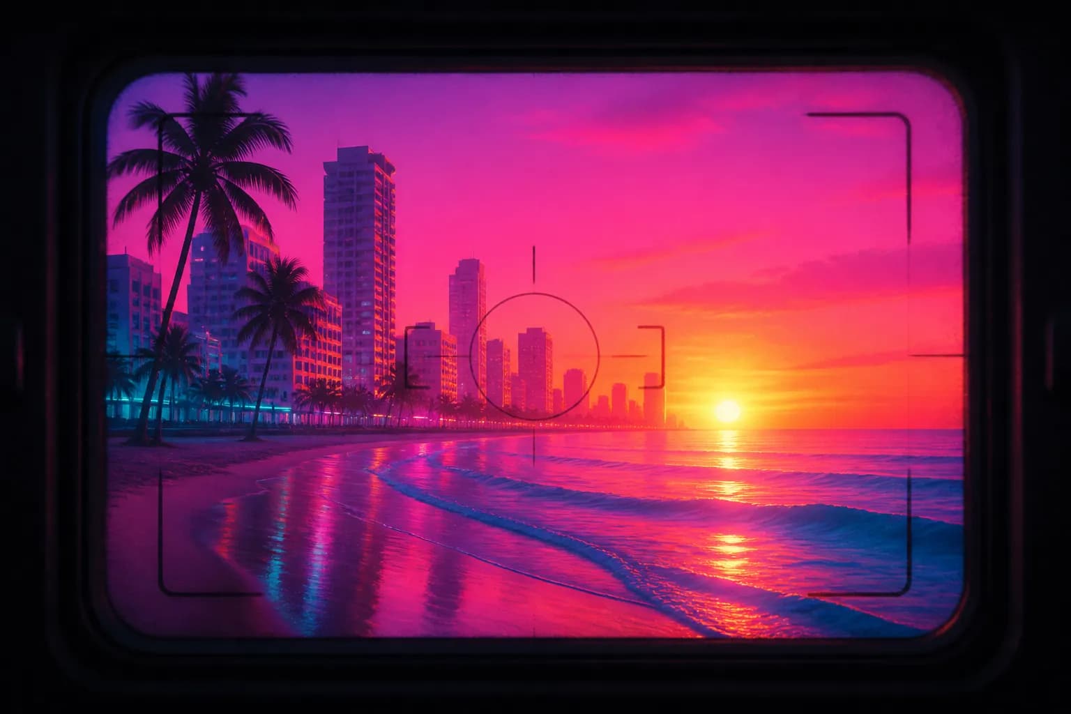 A neon sunrise over a beach city seen through a vintage camera frame, the moment GTA 6's first trailer revealed its world.