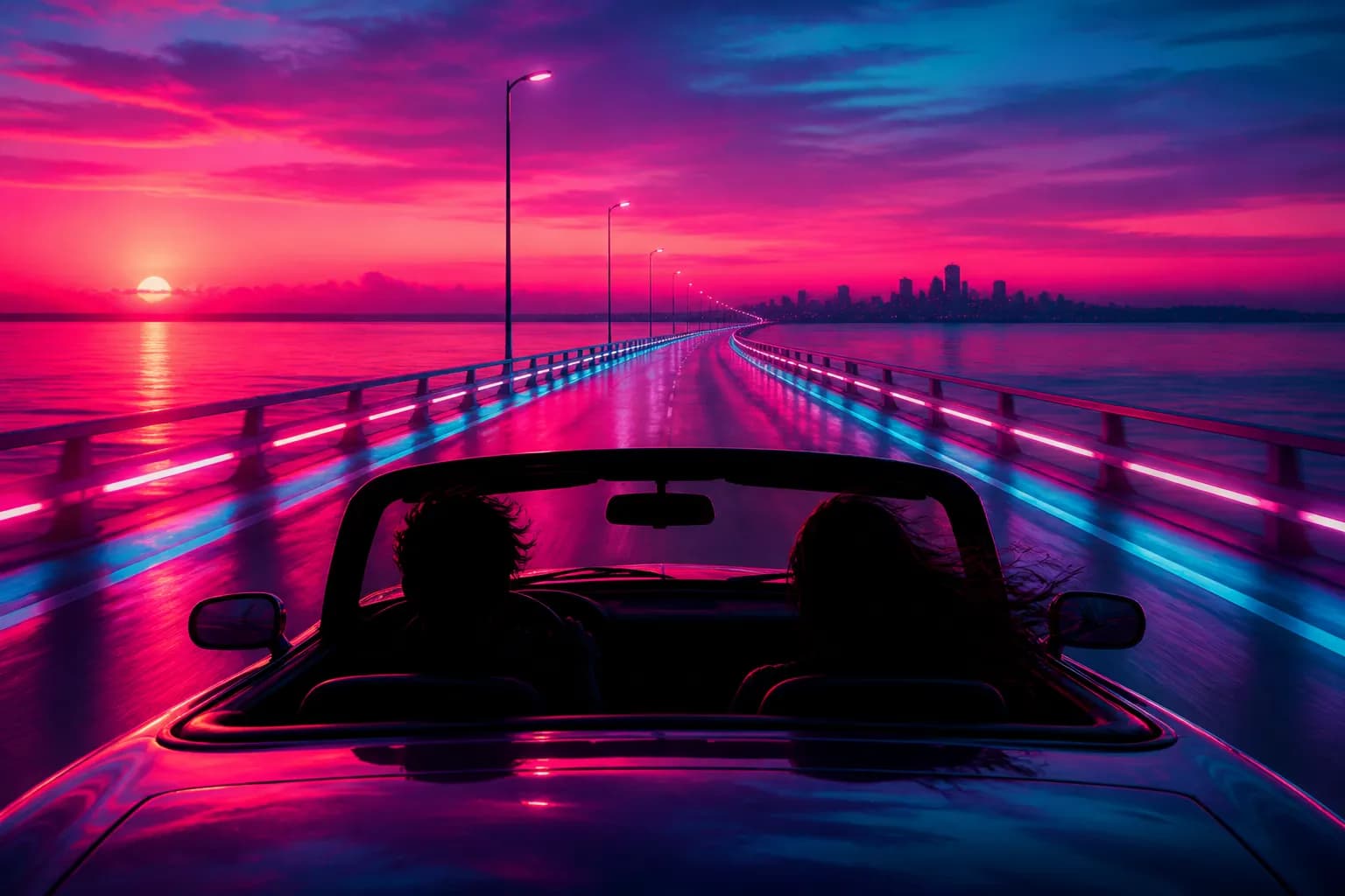 Two silhouettes in a convertible driving a neon causeway at dusk, the love-story energy of GTA 6's second trailer.