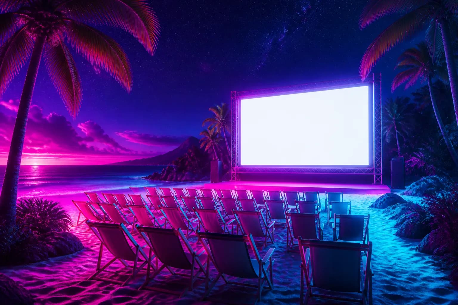 A glowing outdoor cinema screen by a neon beach at night with rows of empty seats, the stage for GTA 6's trailers.