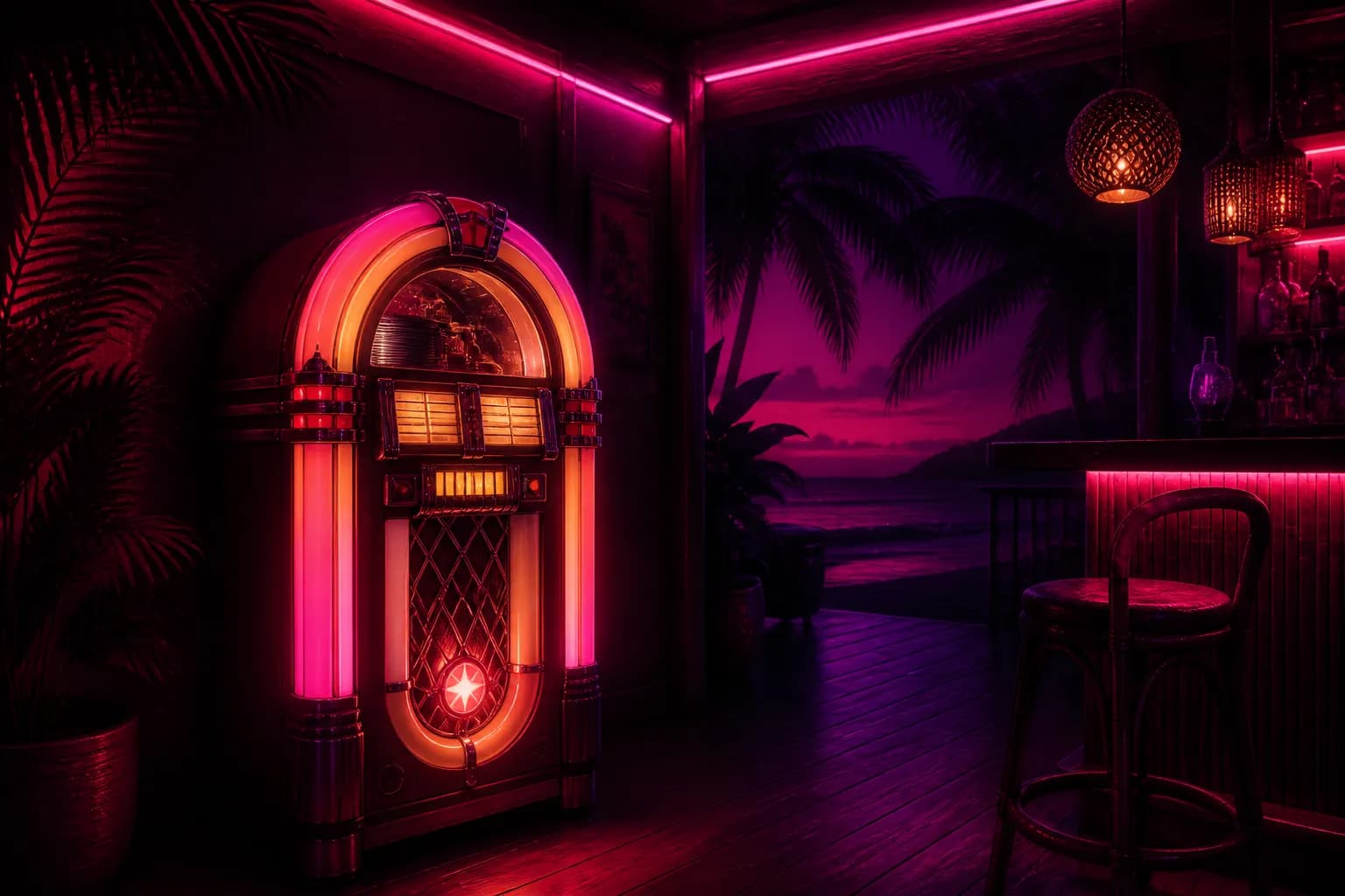 A glowing jukebox under magenta neon in a dark beach bar, the music behind GTA 6's trailers.