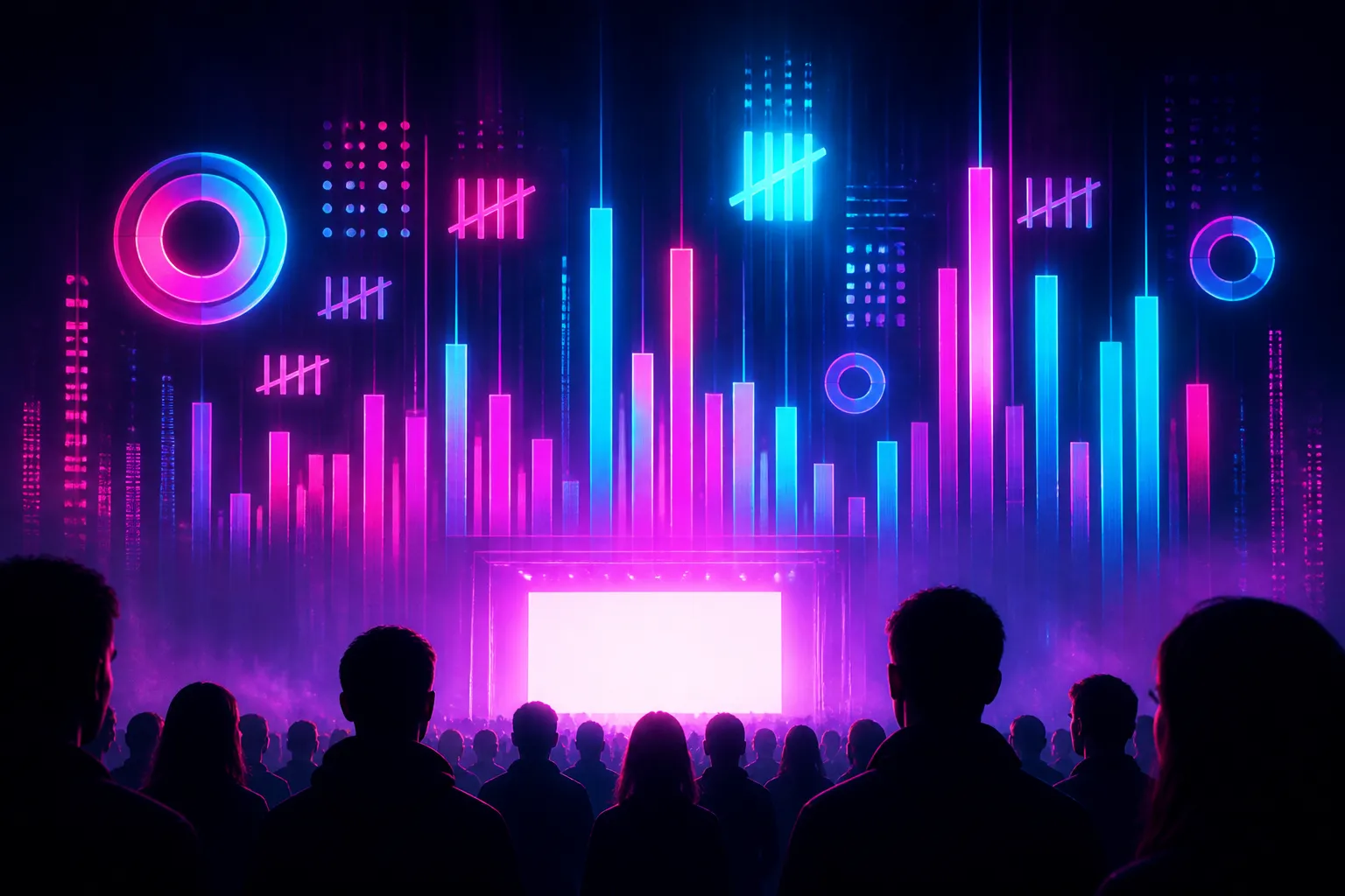 A glowing view counter of abstract neon digits climbing above a dark theater crowd, GTA 6's record-breaking trailer views.