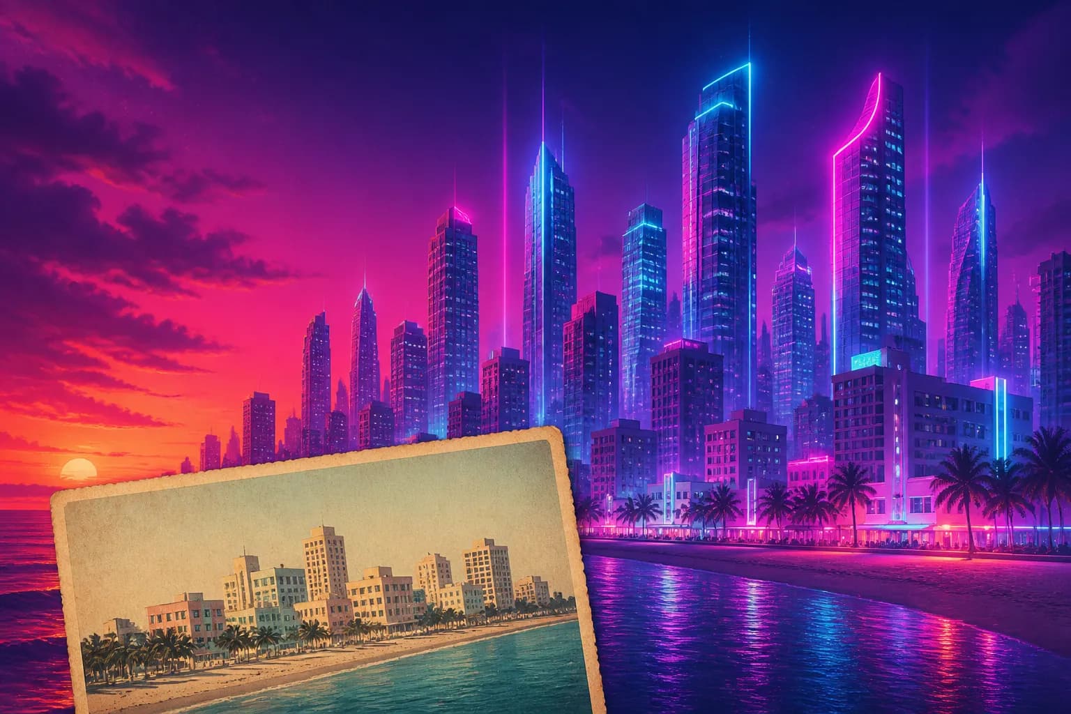 A modern neon metropolis rising behind a faded postcard-style skyline of the same city, Vice City rebuilt for GTA 6.