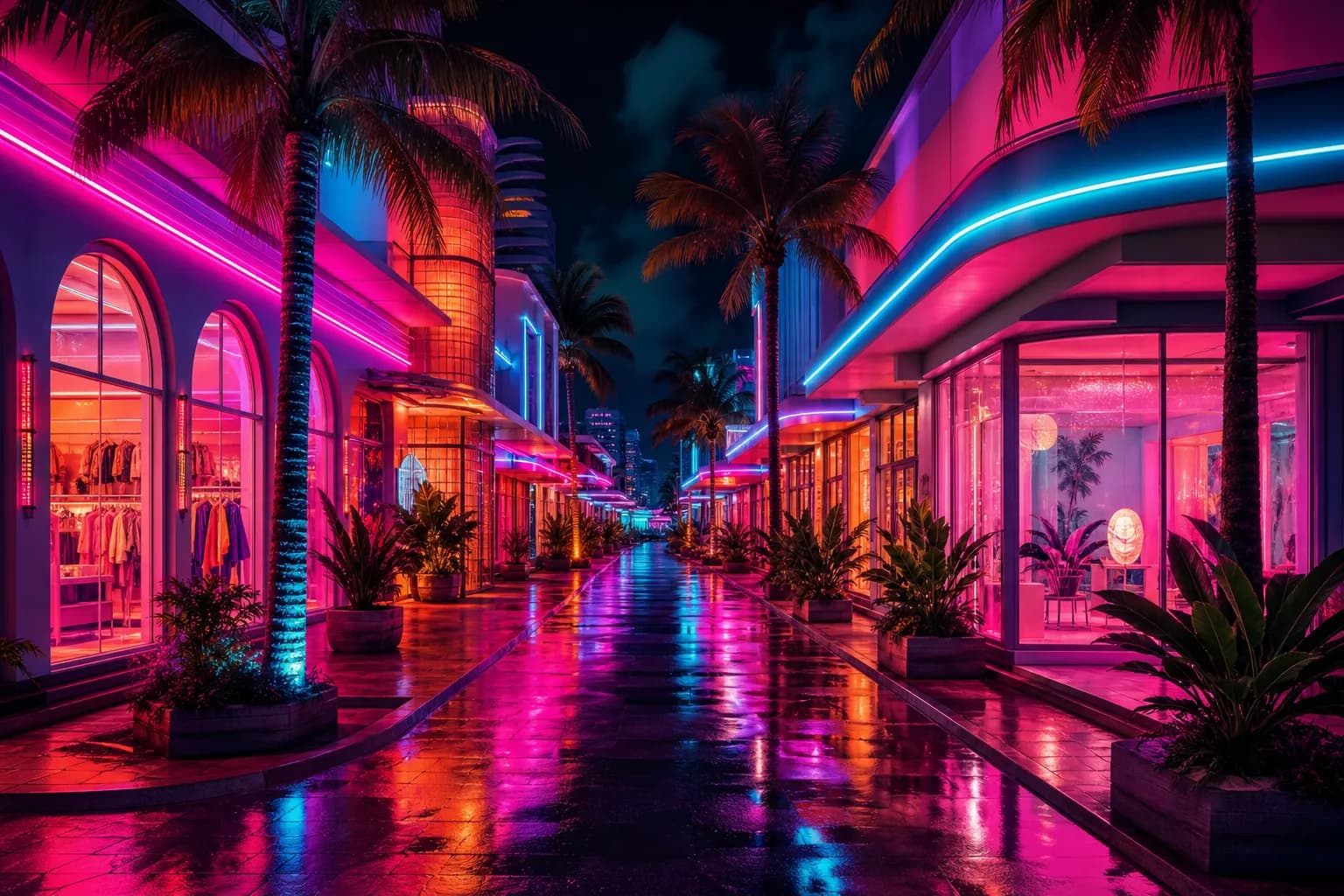 A neon shopping arcade street in Vice City style with glowing storefronts, where to buy GTA 6.
