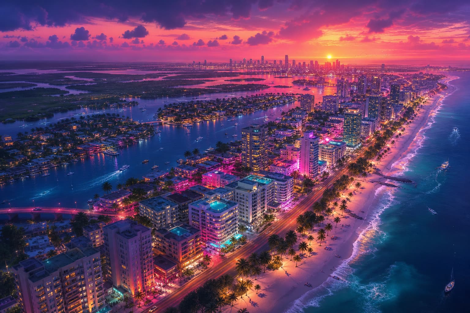 An aerial view of a Vice City-inspired coastline at dusk, representing the GTA 6 map.