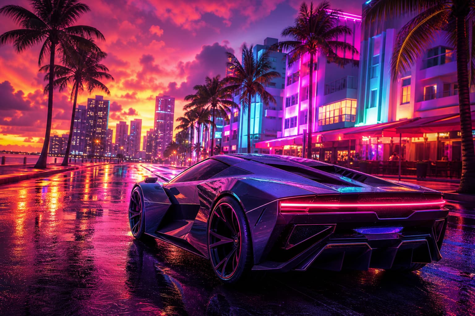 A classic car on a neon Vice City street, representing the GTA 6 Vintage Vice City Pack.