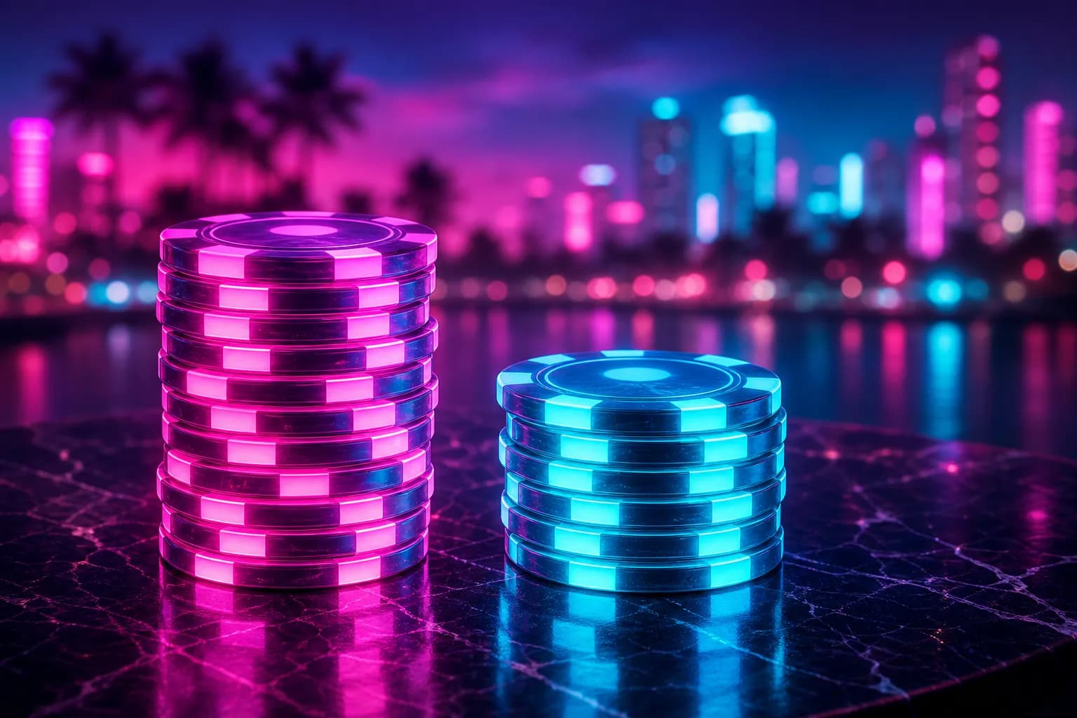 Two stacks of glowing neon casino chips of different heights on a table over Vice City lights, the $80 vs $100 GTA 6 question.