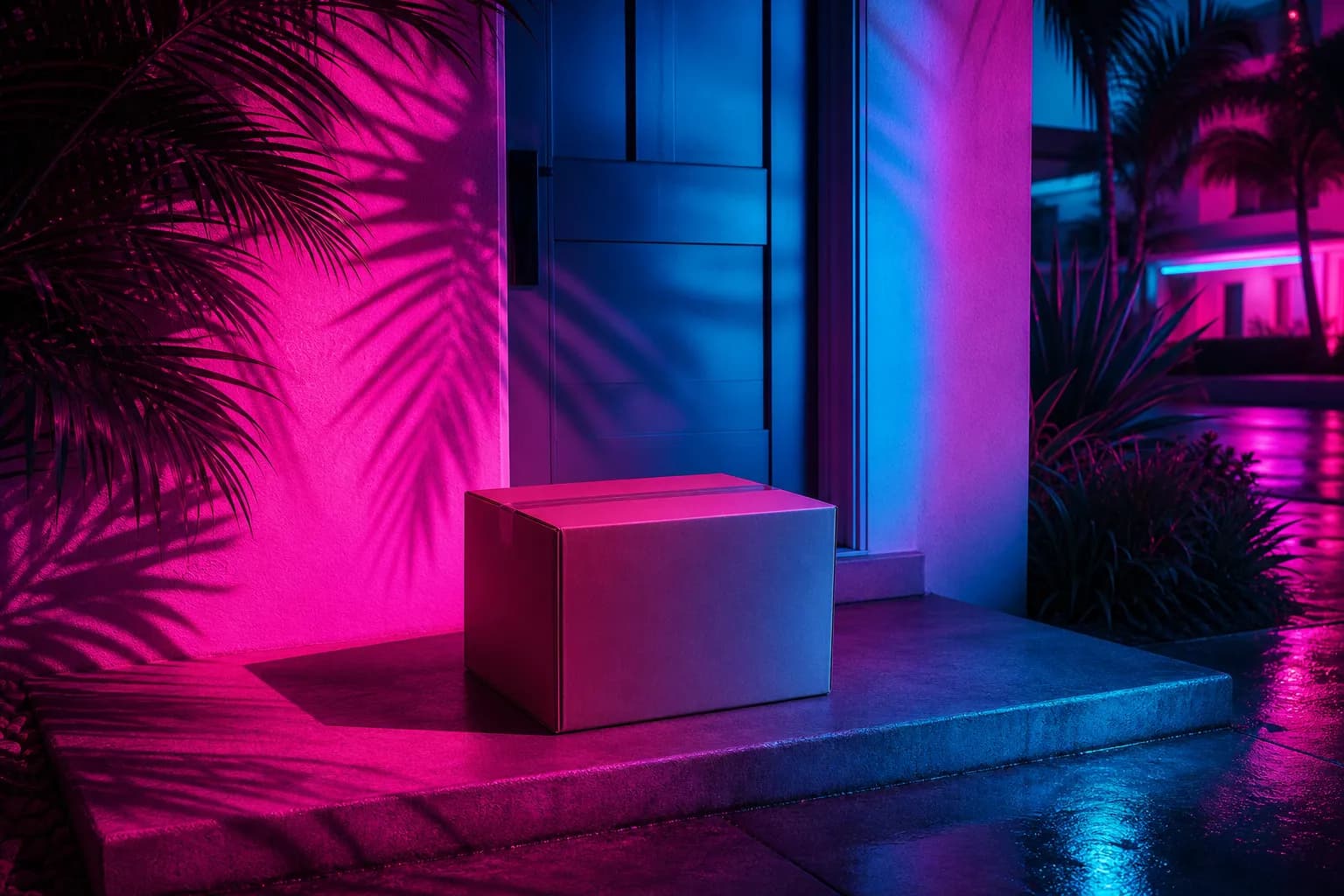 A delivery box glowing under neon light on a Vice City doorstep at dusk, a GTA 6 Amazon pre-order arriving.