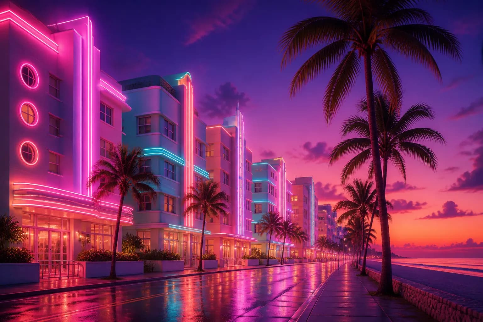 Art deco hotels under magenta neon along a palm-lined beach boulevard at dusk, the Miami blueprint behind GTA 6's Vice City.