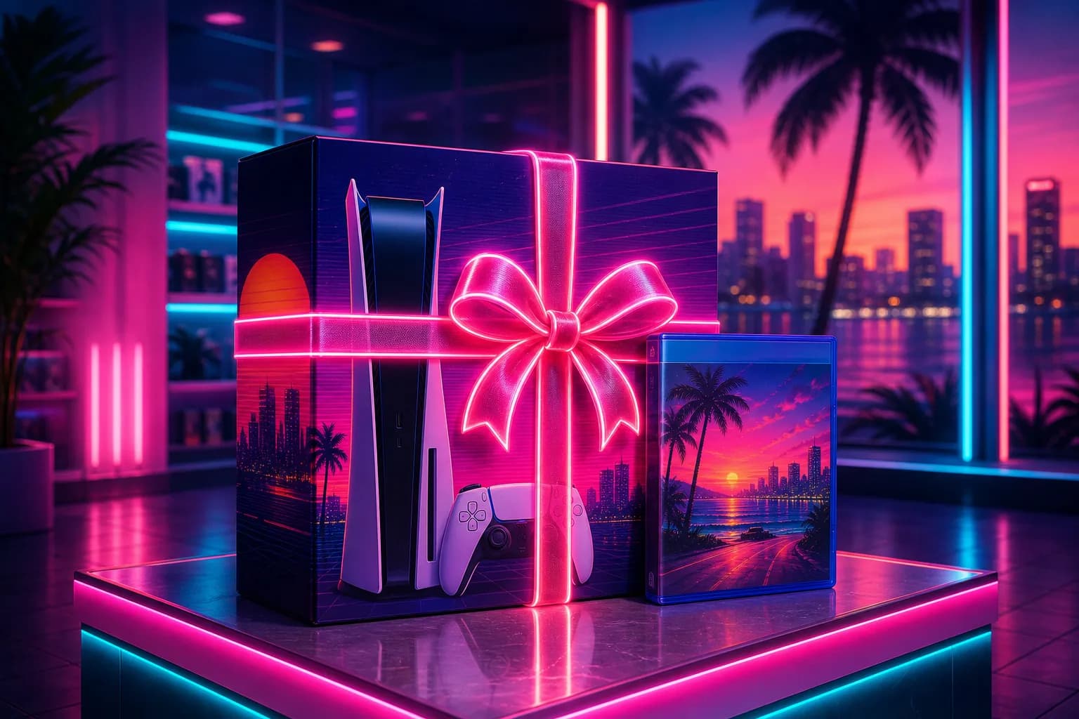 A console box and game package wrapped in glowing neon ribbon on a store display in Vice City colors, a GTA 6 bundle.