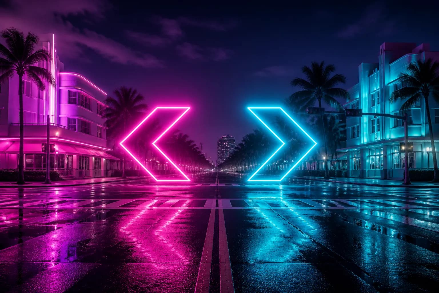 A figure-less crossroads under two neon arrows pointing opposite ways on a Vice City street at night, buy GTA 6 now or wait.