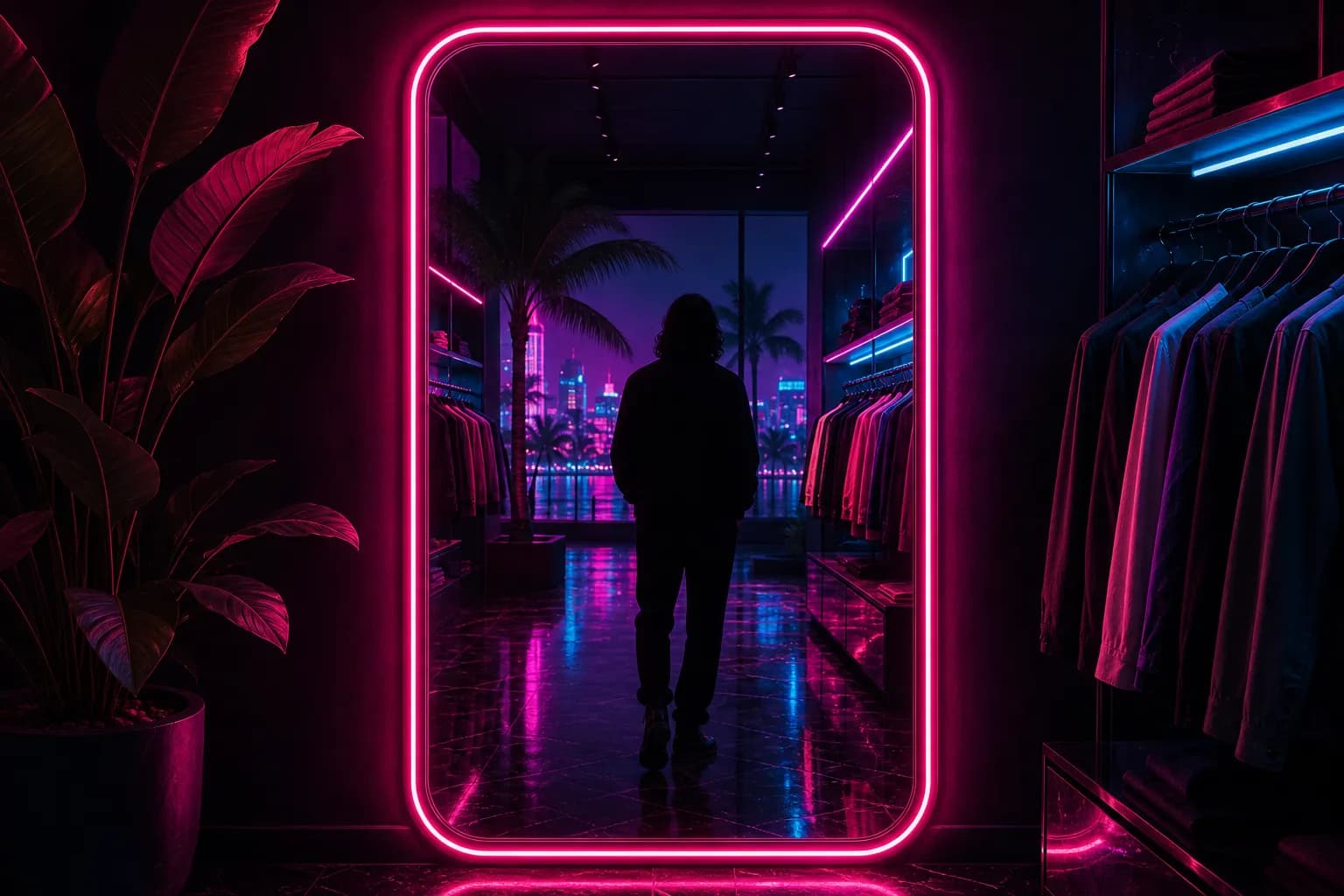 A neon-rimmed mirror in a Vice City boutique reflecting a silhouetted figure trying on styles, GTA 6 Online character customization.