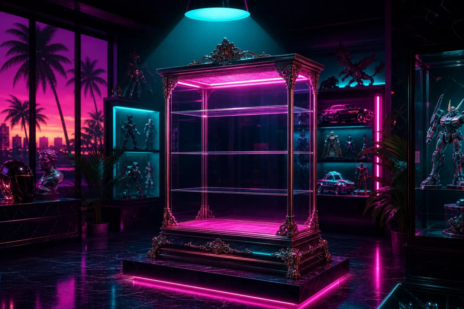 An ornate display case glowing empty under neon light in a Vice City collectibles shop, awaiting a GTA 6 collector's edition.