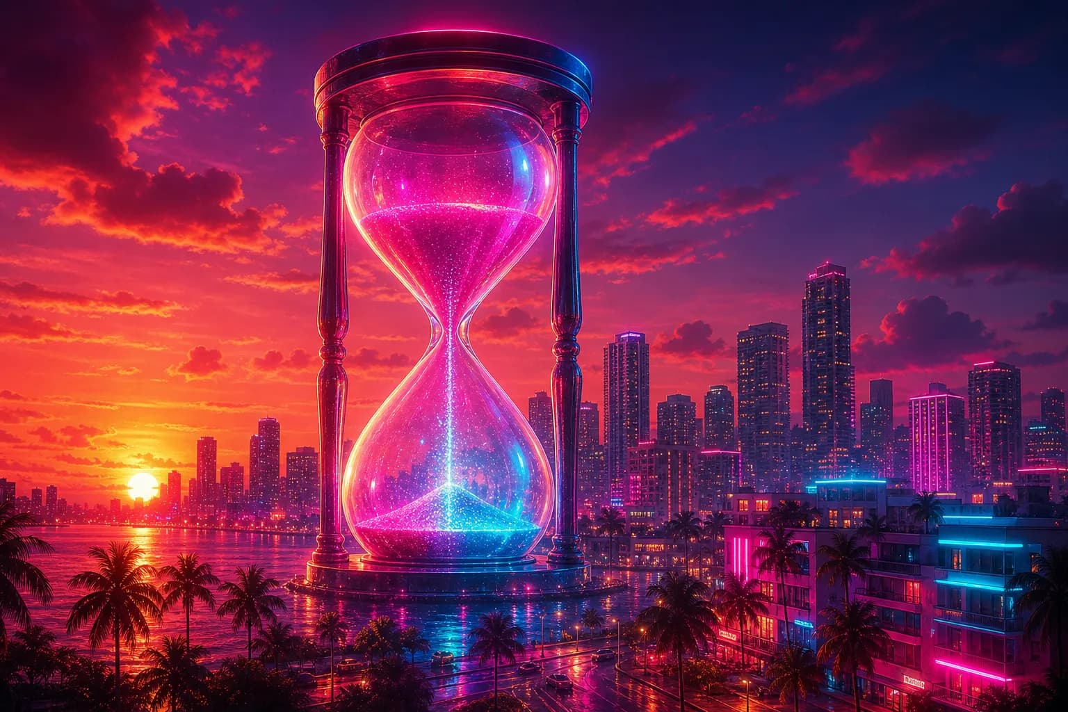 A giant glowing neon hourglass towering over a Vice City skyline at sunset, marking the GTA 6 countdown.