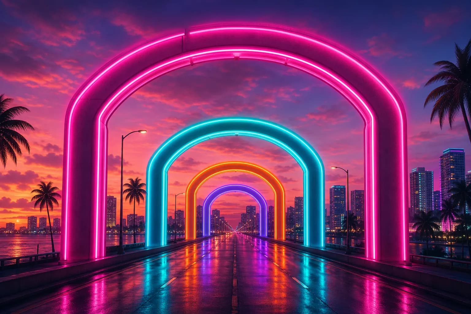 A series of glowing neon arches spanning a Vice City highway at dusk, marking the stages of GTA 6's delay timeline.