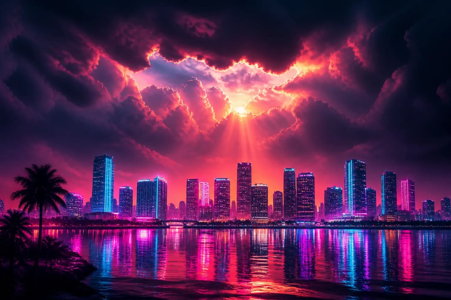 Storm clouds parting over a bright neon Vice City skyline at dusk, weighing the GTA 6 2027 delay rumor.