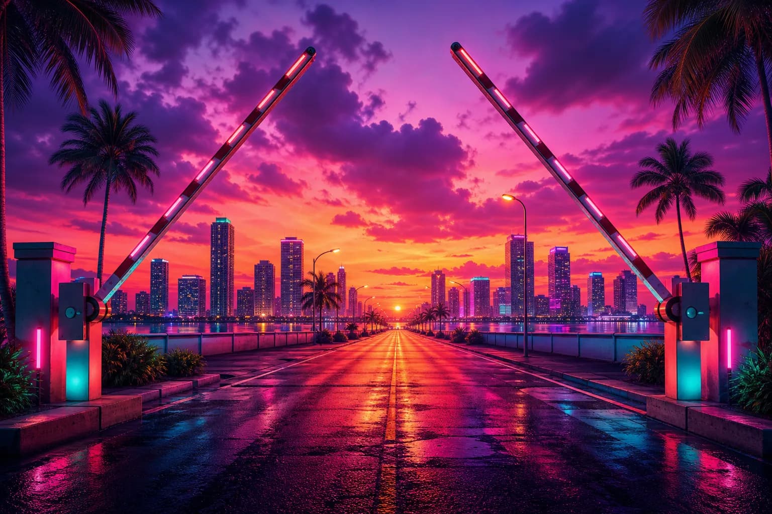 A neon-lit road barrier standing open on an empty Vice City highway at dusk, symbolizing GTA 6's clear path to launch.
