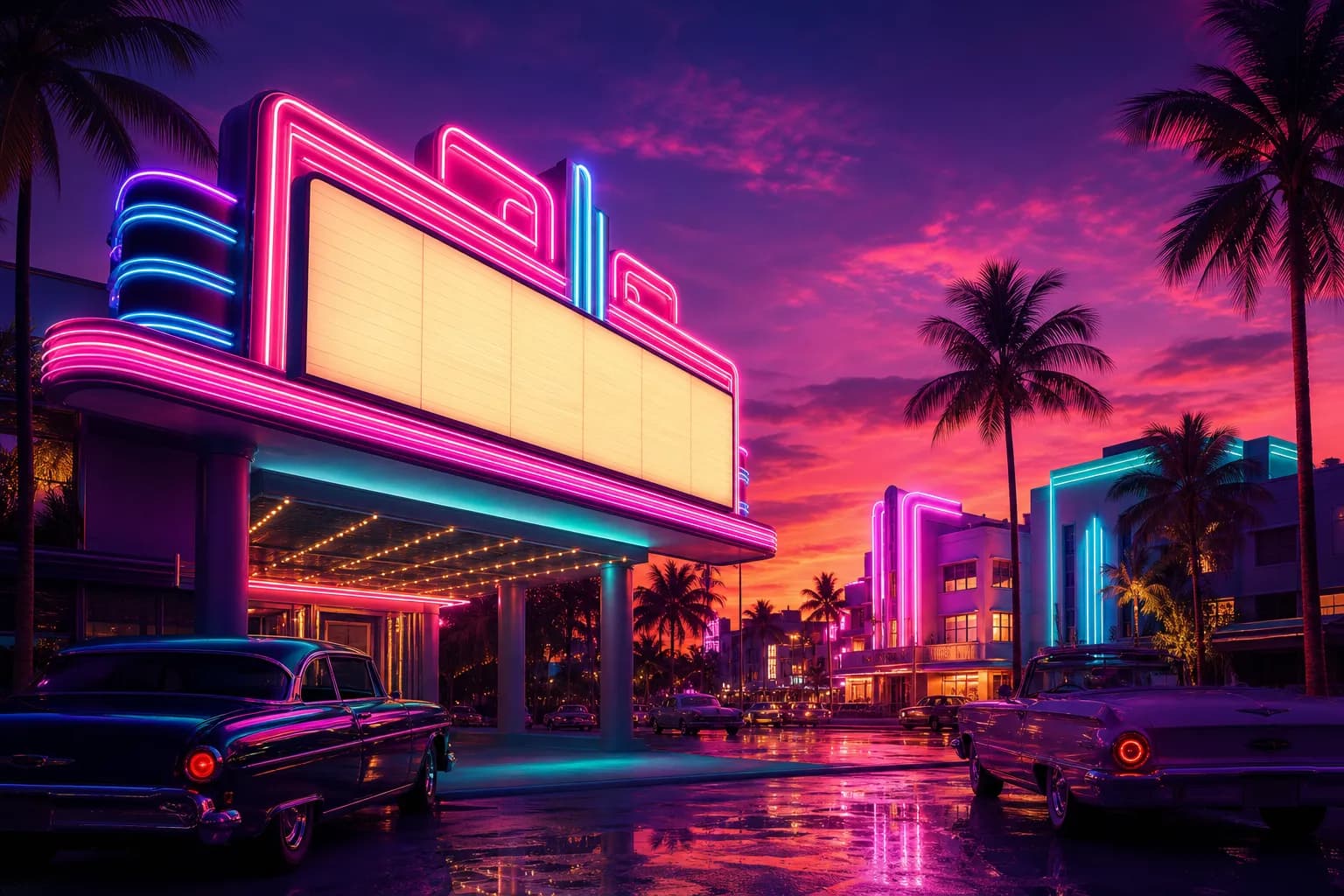 A retro neon cinema marquee glowing above a palm-lined Vice City street at dusk, recalling GTA 6's first announced window.