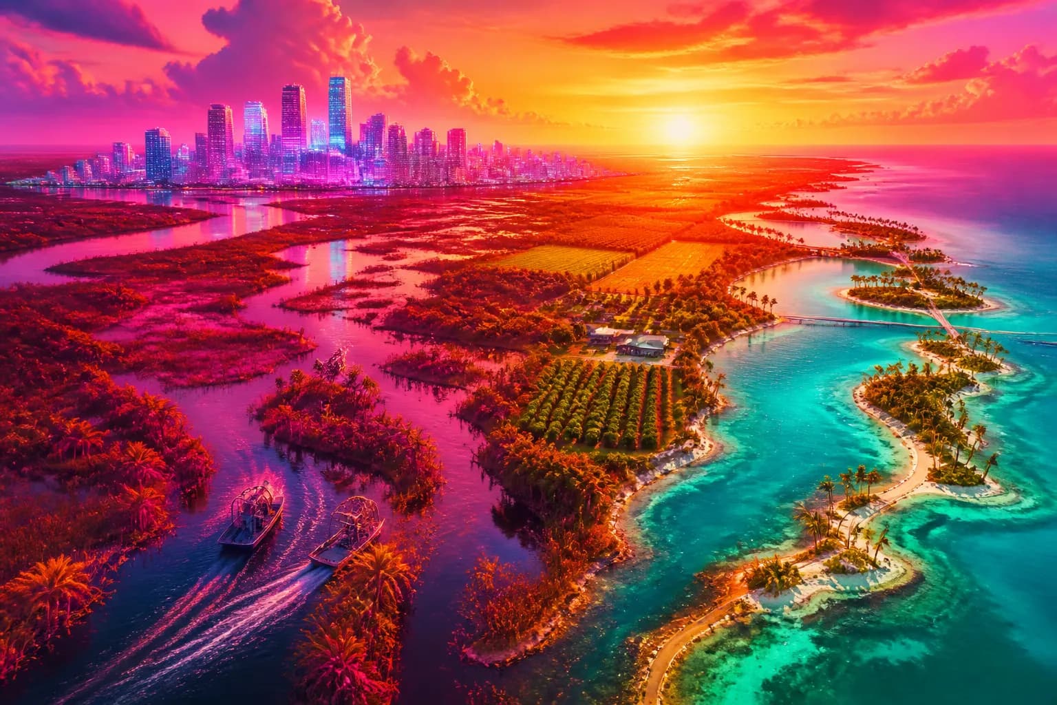 A sun-soaked collage of coastline, swamp, and neon city stitched into one glowing peninsula, the real Florida behind GTA 6.