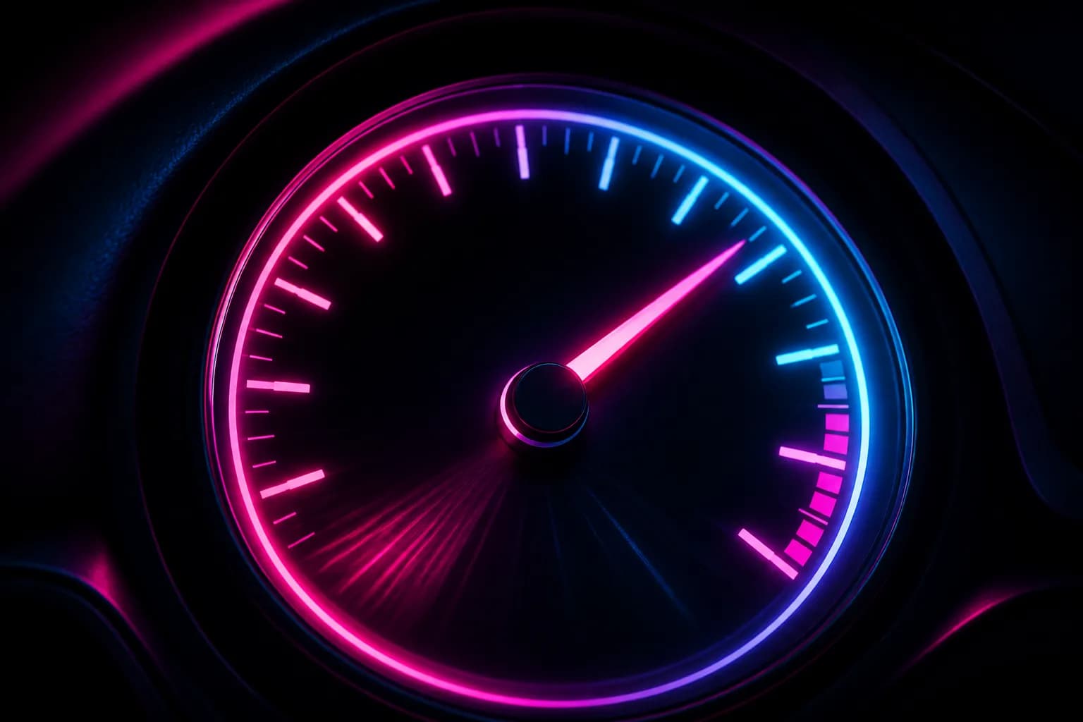 A glowing neon speedometer dial climbing against a dark dashboard, the frame-rate question hanging over GTA 6.