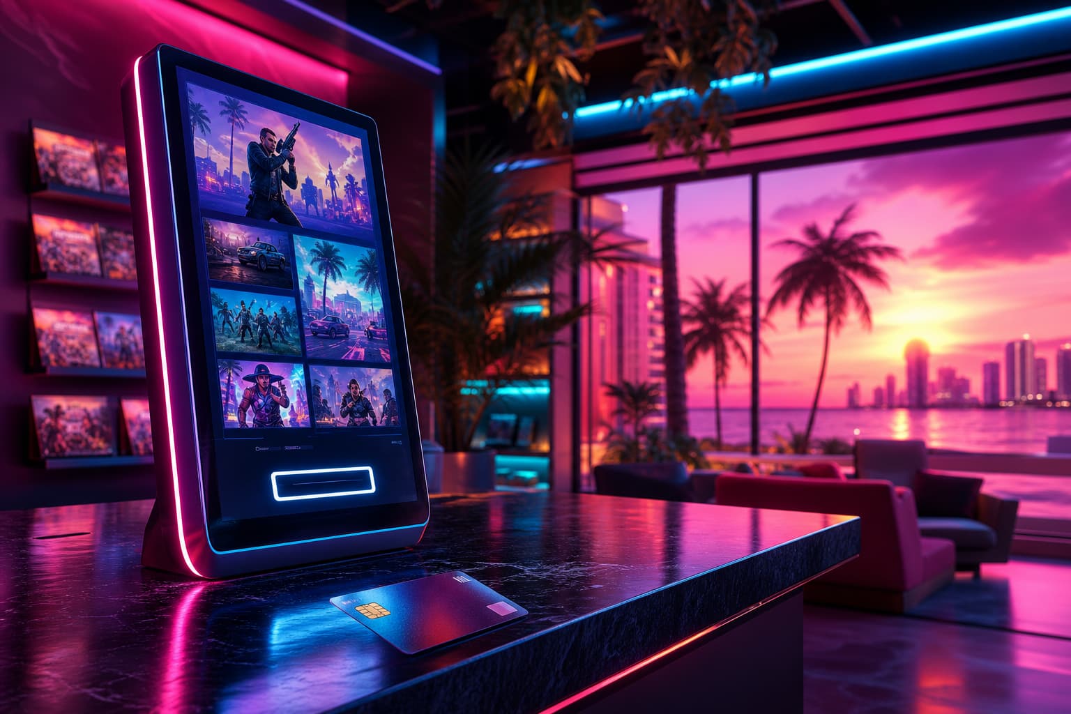 A neon-lit Vice City game-store kiosk and a credit card on a counter, representing buying GTA 6 rather than getting it on Game Pass.