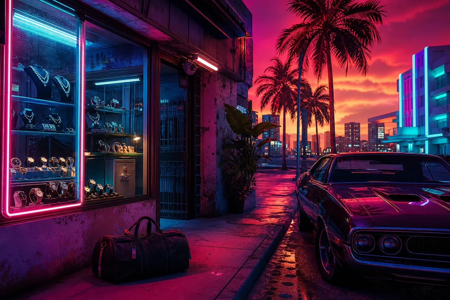 A neon-lit pawn shop storefront with a duffel bag on the sidewalk and a muscle car at the curb, evoking GTA 6's confirmed fencing and robbery gameplay.